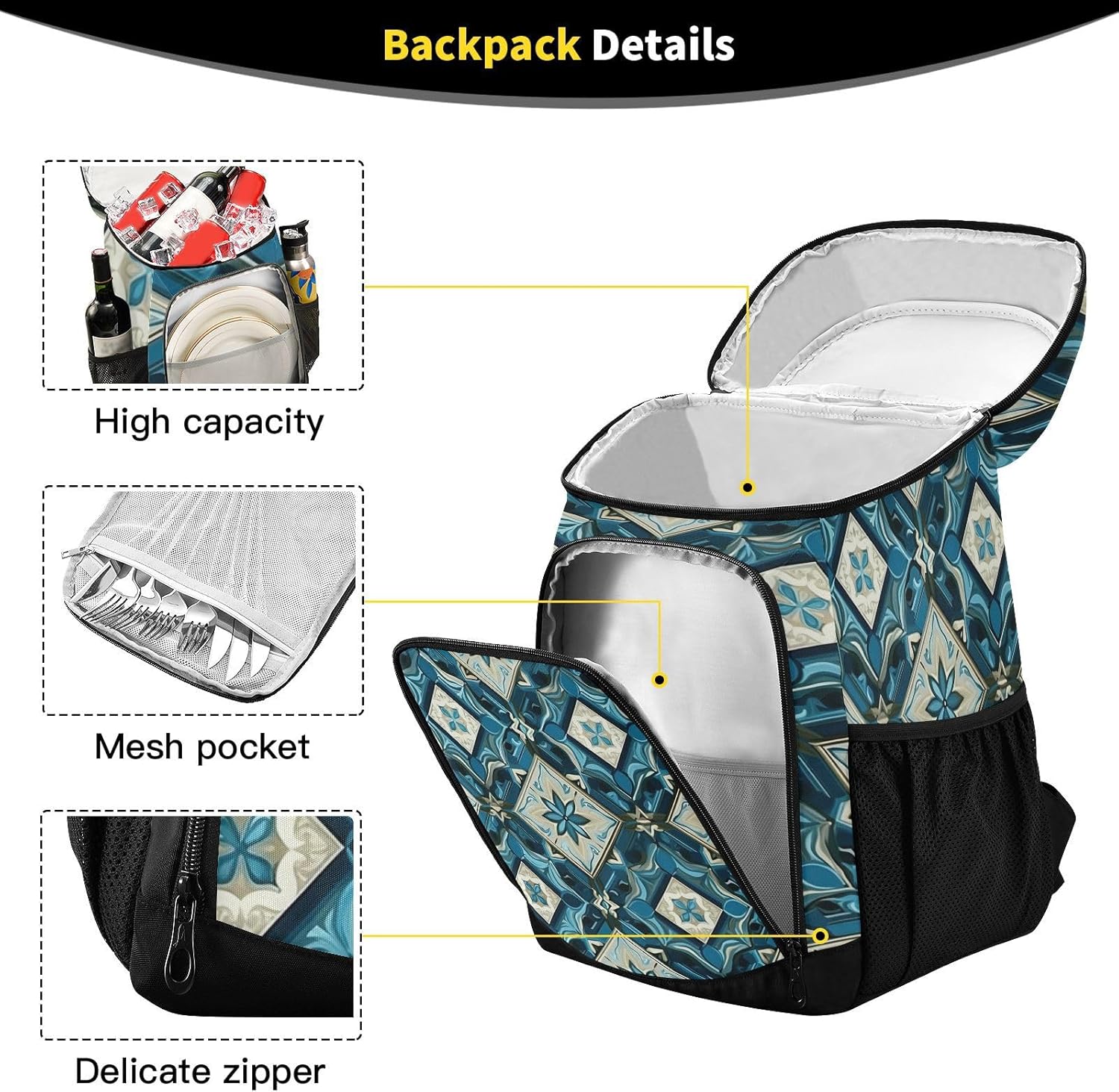 Blue Ornate Tile Cooler Backpack 36 Cans Leakproof Waterproof Backpack Cooler Bag Beach Accessories for Women and Men Travel Camping Fishing Backpack