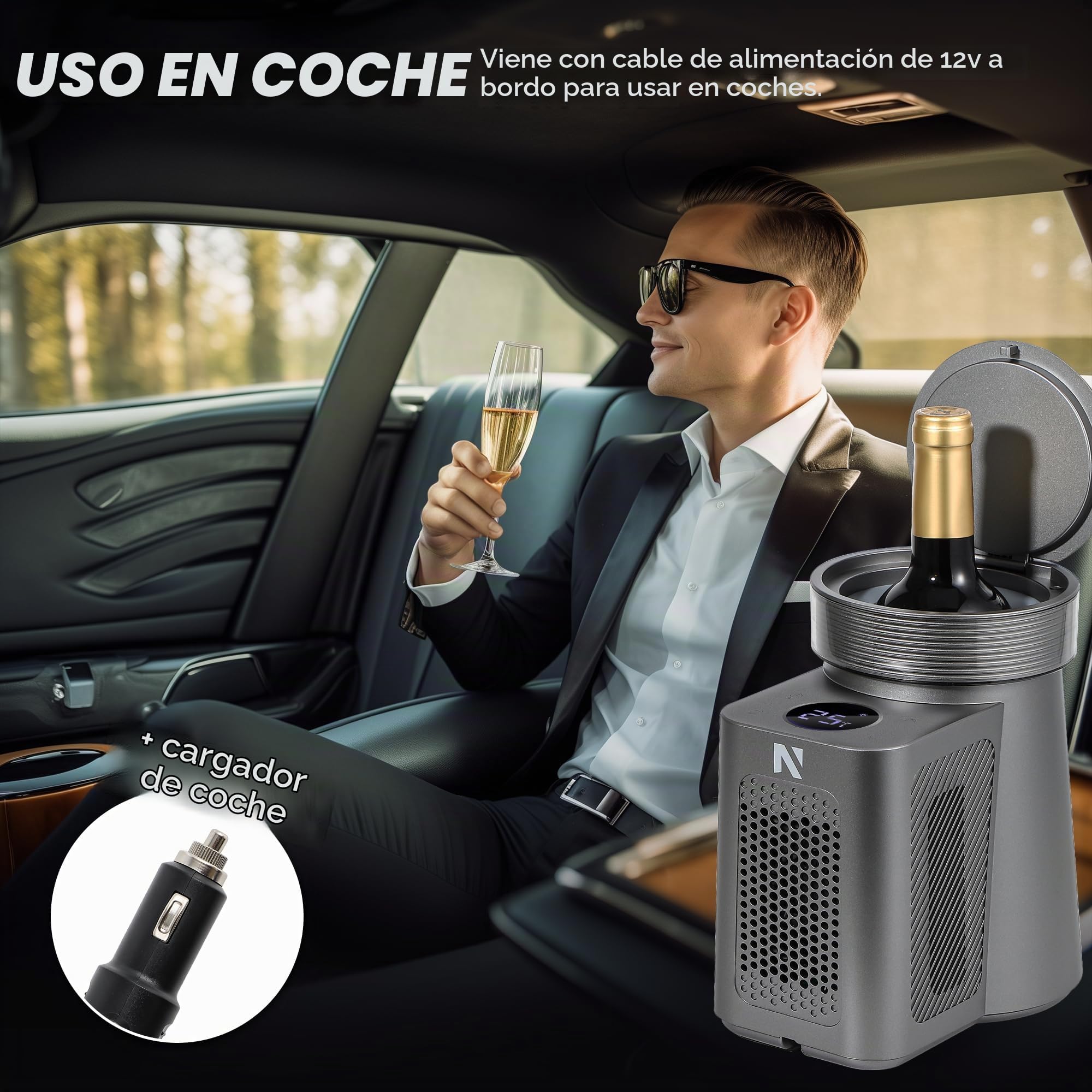 NEWTRY Enfriador vino eléctrico 750ml 12V rápido auto champán | Botella individual, temperatura constante, diseño portátil, para autocaravana, degustación, fácil de usar, duradero