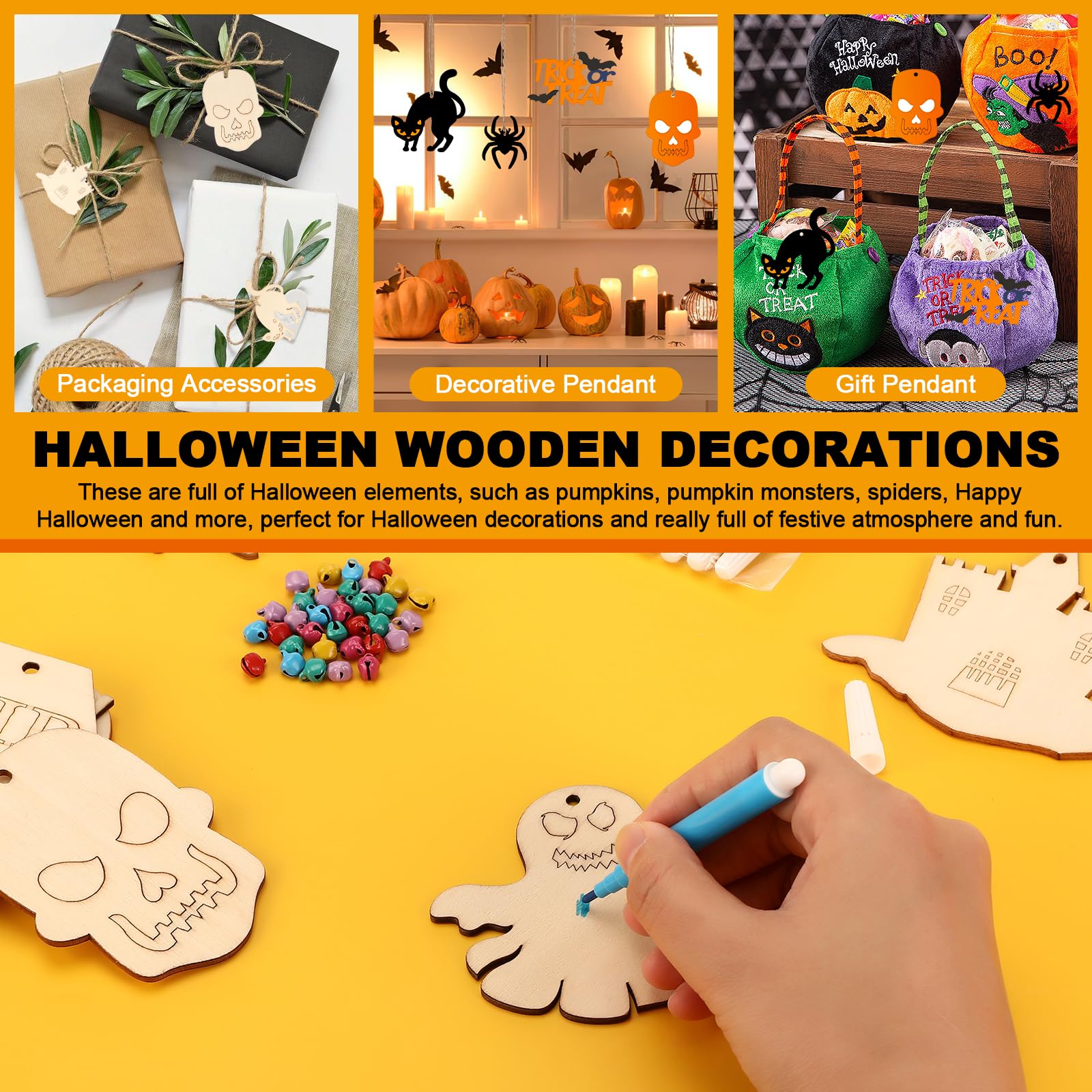 24 Pezzi Set Fai Da Te Halloween Per Bambini – Decorazioni In Legno Da Dipingere Con Corde E Matite – Lavoretti Creativi Autunnali Per Festa