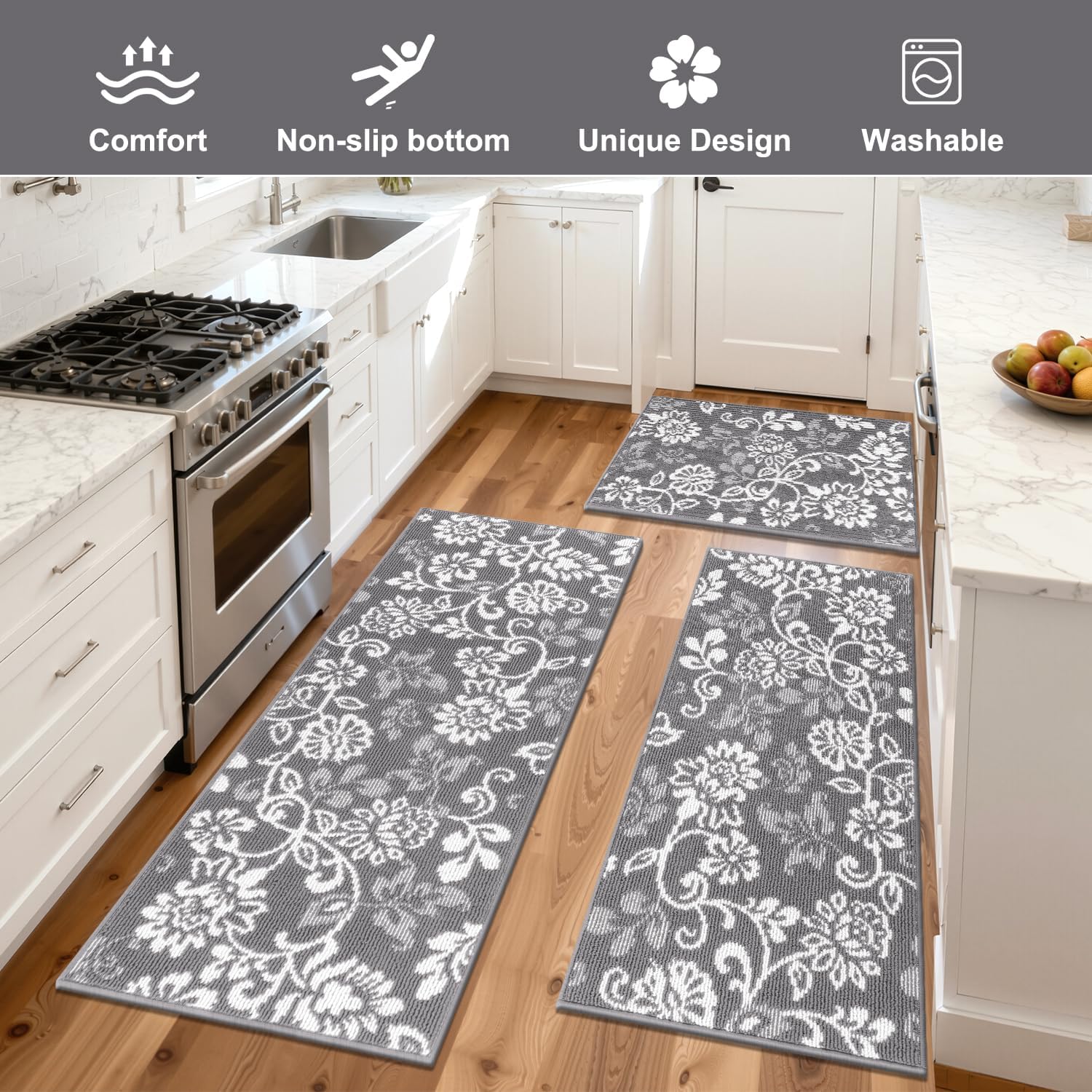 LOKHOM Boho Kitchen Rugs Sets of 3, Non Slip High-Low Textured Kitchen Mats for Floor with Rubber Backing, Paisley Floral Washable Carpet Runner for Hallways Entryway Laundry Sink (Grey & White)