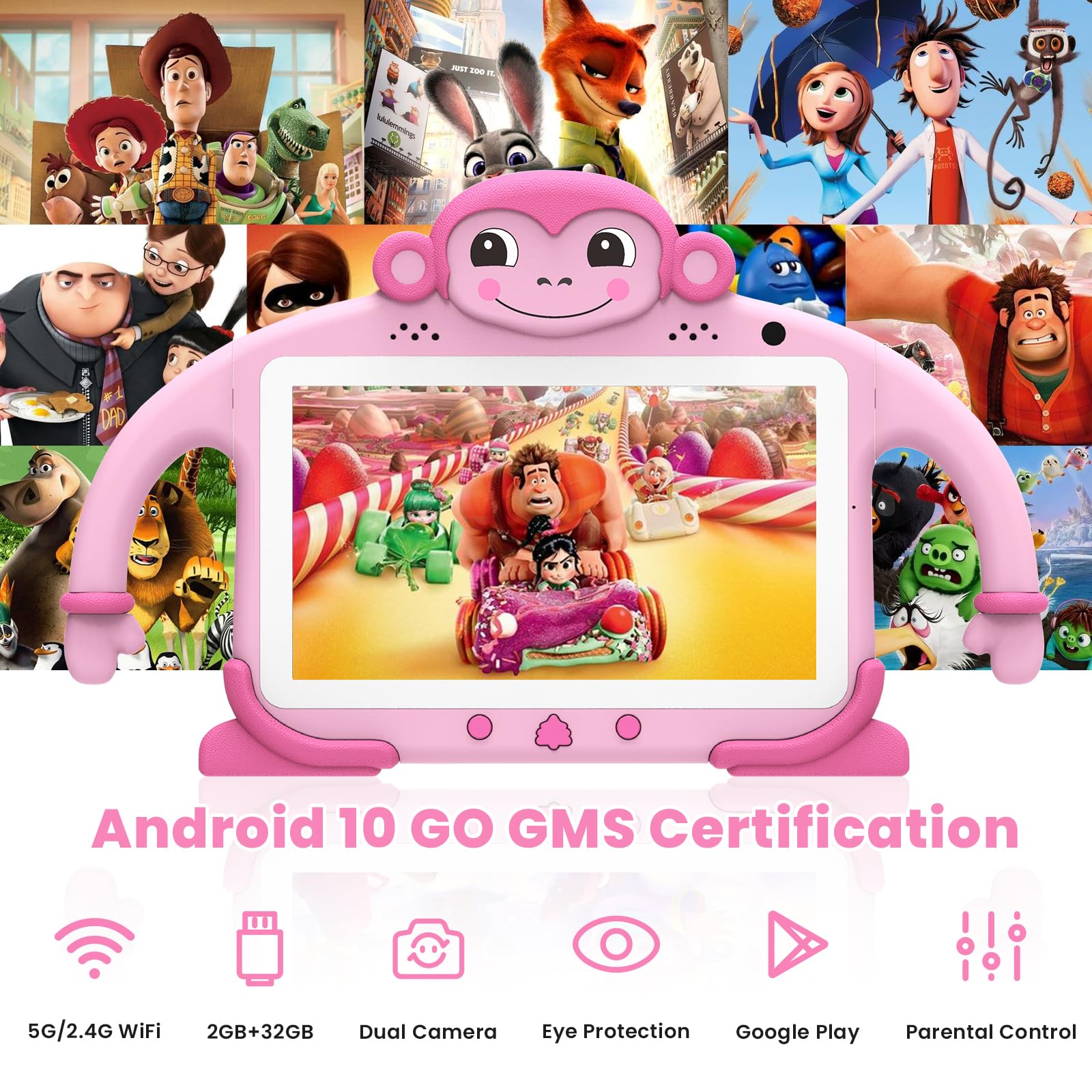 zcobro Tablet dla dzieci 7 cali, 32 GB z YouTube Dzieci, tablet edukacyjny z WiFi dla najmłodszych, edukacja, stojak na Androida, aplikacje Netflix