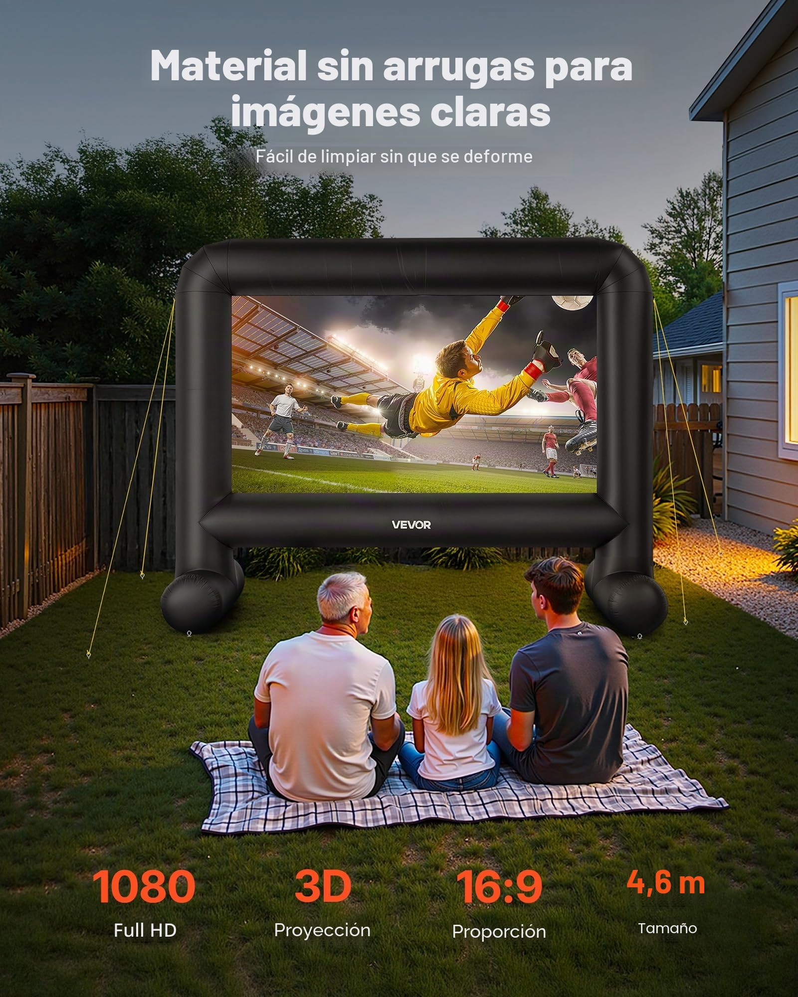 VEVOR Pantalla de Cine Inflable 263 x 147 cm 16:9 Lavable 600D con Bolsa de Almacenamiento Portátil Fácil de Instalar Visión de 160° Pantalla de Proyección para Exteriores, Cine en casa, Fiestas