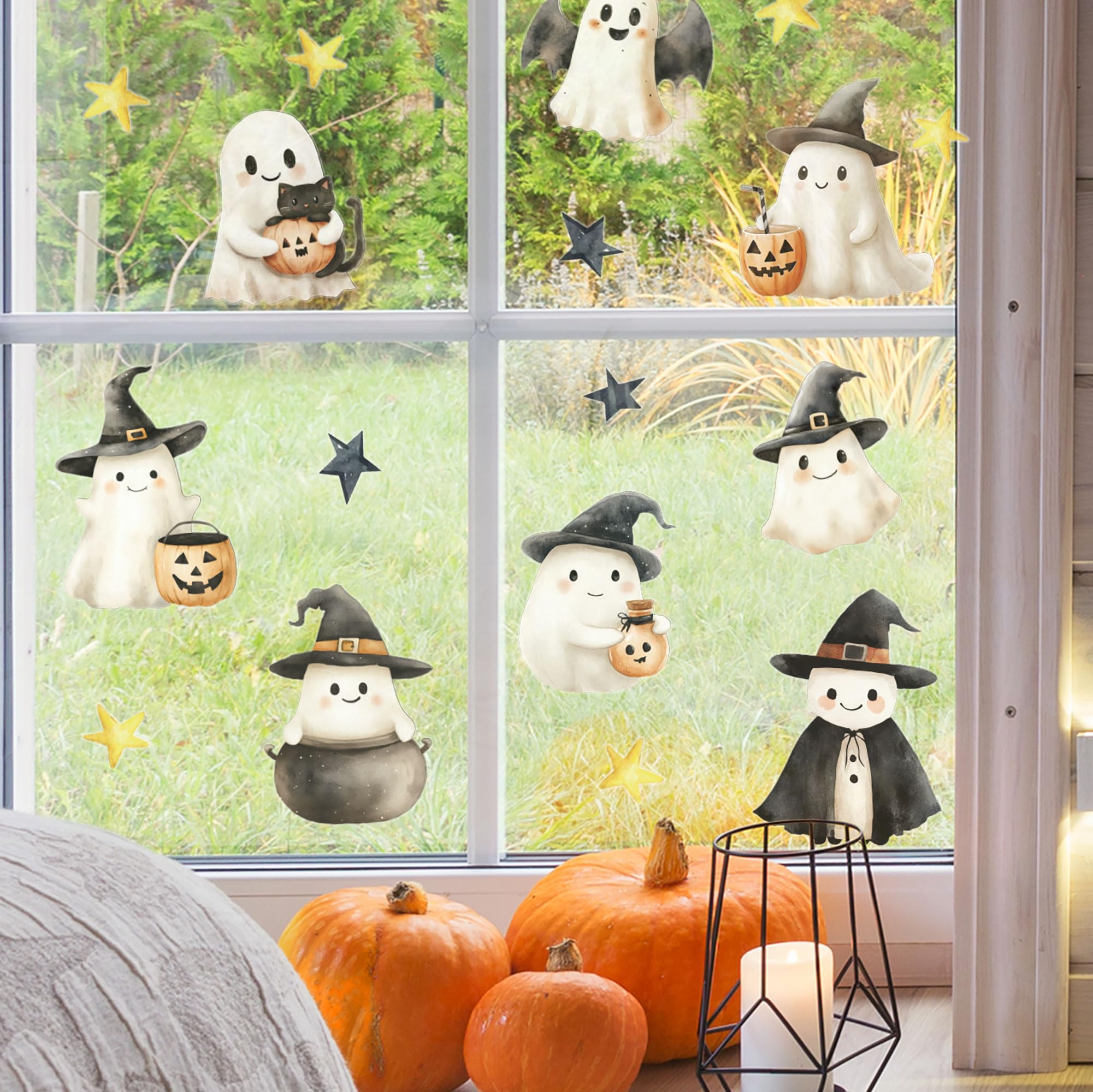 Stickerscape Spooky Ghost Halloween Window Stickers – Made In The Uk – 17 Reusable Low-Tack Ghost & Pumpkin Decals – Removable & Repositionable