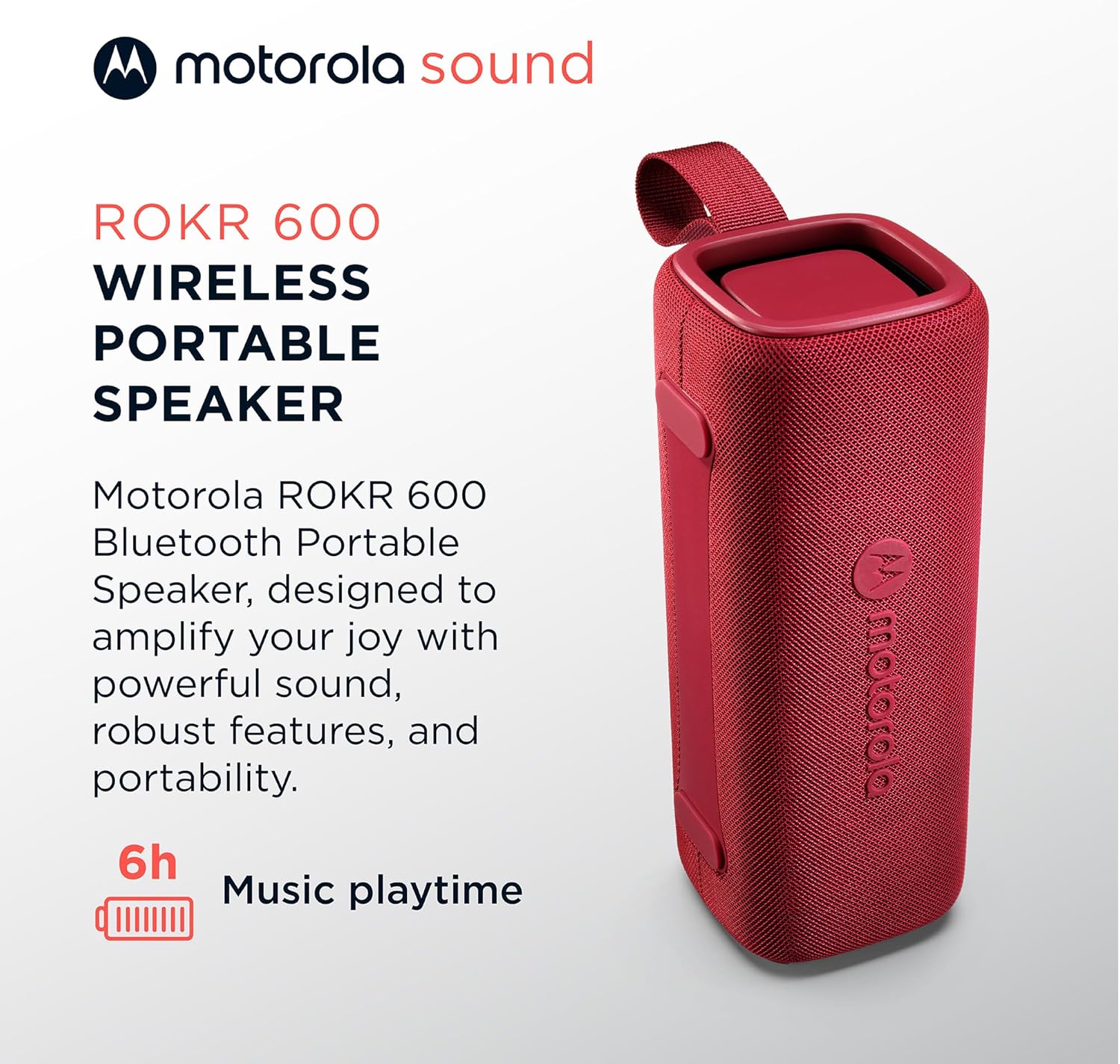 Motorola Sound ROKR 600 Portable Bluetooth Speaker, 6-Hour Playtime, IP67 Water Resistant, Speaker for Home/Outdoors, Compatible wtih iPhone, Red