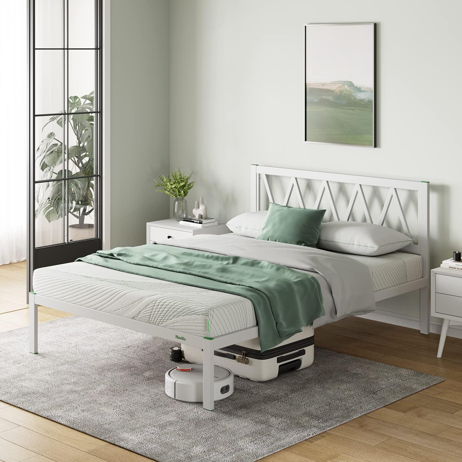 Novilla 30.5cm Small Double Metal Bed Frame, 4FT Bed Frame with Headboard, Engineered Wood Slat Support, Solid Support Leg, Easy Assembly, Underbed Storage Space, 120x190cm, White