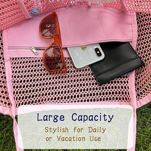 Miniatura 8 de ukia Bolsa de playa de malla, bolsas de playa de gran capacidad para mujer, bolsa de playa plegable con bolsillo con cremallera