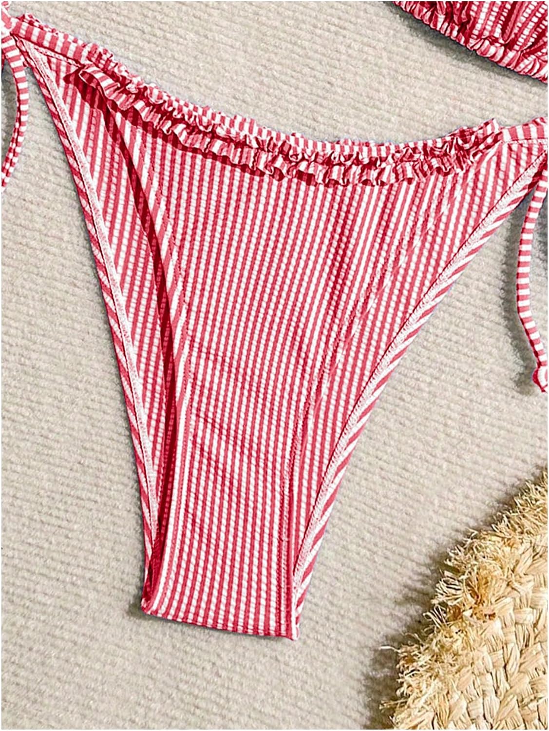 OYOANGLE Women's 2 Piece Bikini Set Striped Frilly Trim Halter Swimsuit Backless Tie Side Bathing Suits