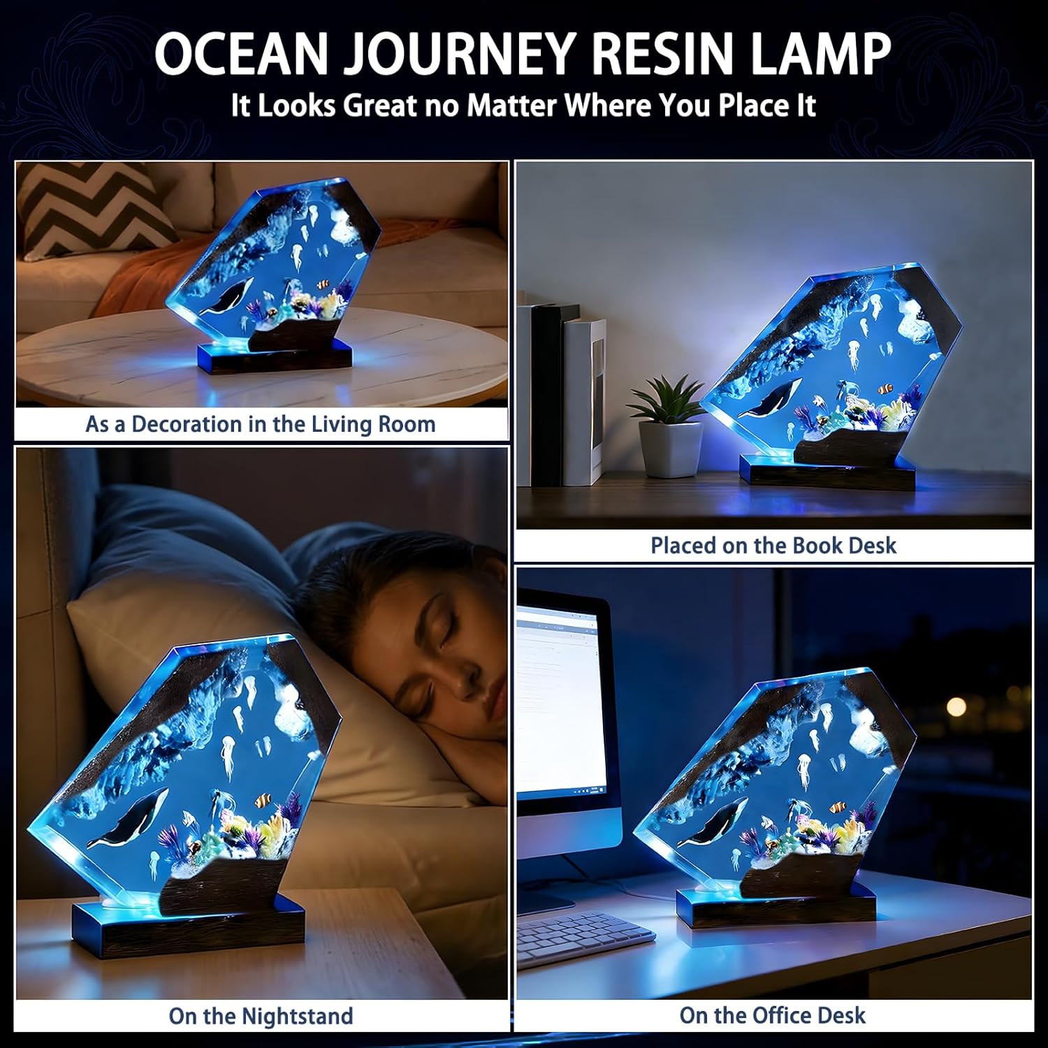 RGB Ocean Resin Lamp, Handmade Marine Life Night Light, with LED Color Control and Remote, Ocean Enthusiast Collectibles, Unique Gifts and Decor(A, 6 * 4in)
