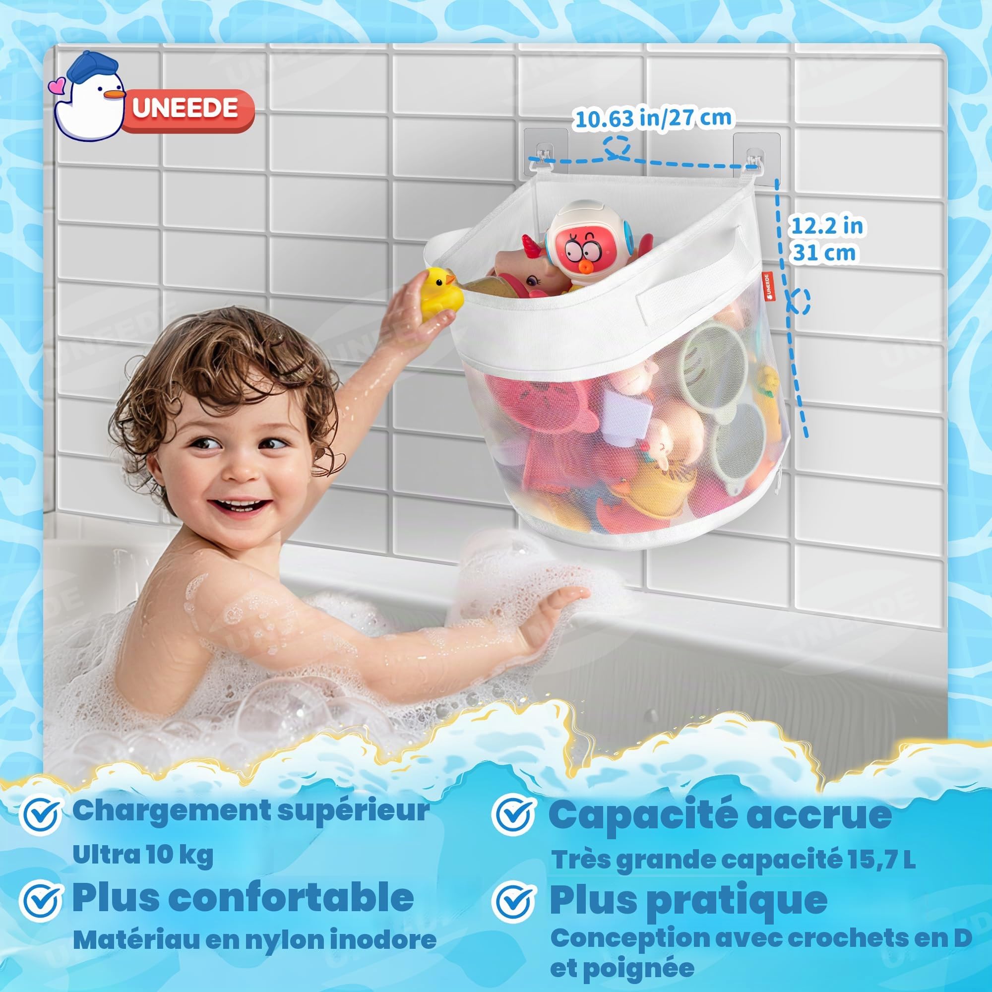 UNEEDE Rangement Jouet Bain, Filet Jouet Bain Bebe, Organiseur de Jouets de Bain avec 4 Crochets Adhésifs, Rangement Jouet Baignoire, Filet Jouet Bain de bébé, Rangement de Jouets de Bain pour bébé