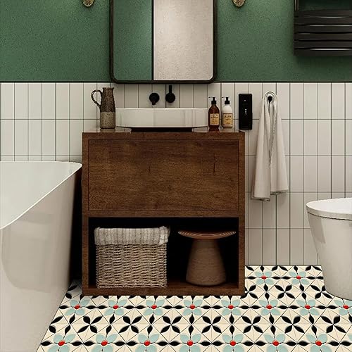 Miniatura 7 de 10 azulejos de piso de pétalos azules con diseño floral retro floral rojo centro azul de pétalos para despegar y pegar, autoadhesivas,