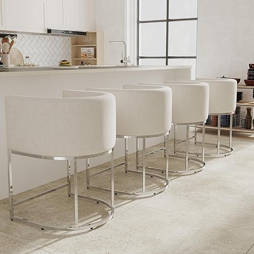 Miniatura 11 de Juego de 4 taburetes de bar contemporáneos de lino color crema, de 32 pulgadas, de tela tapizada, altura de mostrador, taburetes de cocina con base