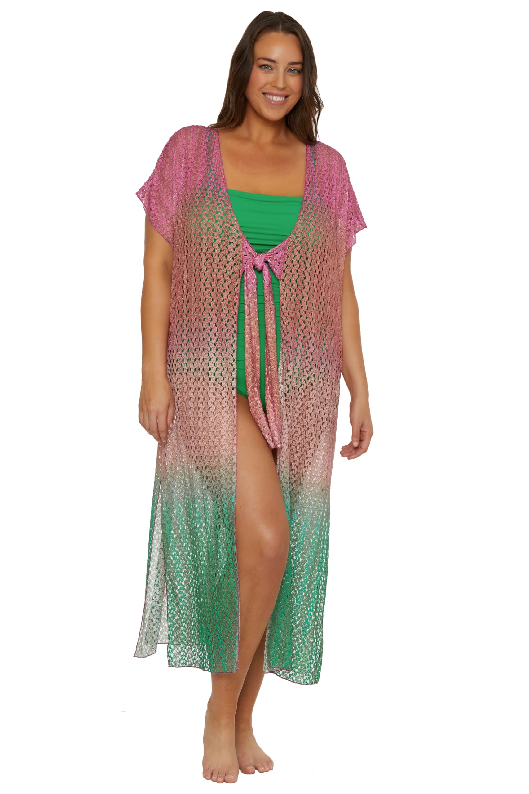 BECCA Womens Sunset Plus Size Crochet Ombre Tunic Tie Front Casual Beach Cover Ups for Women