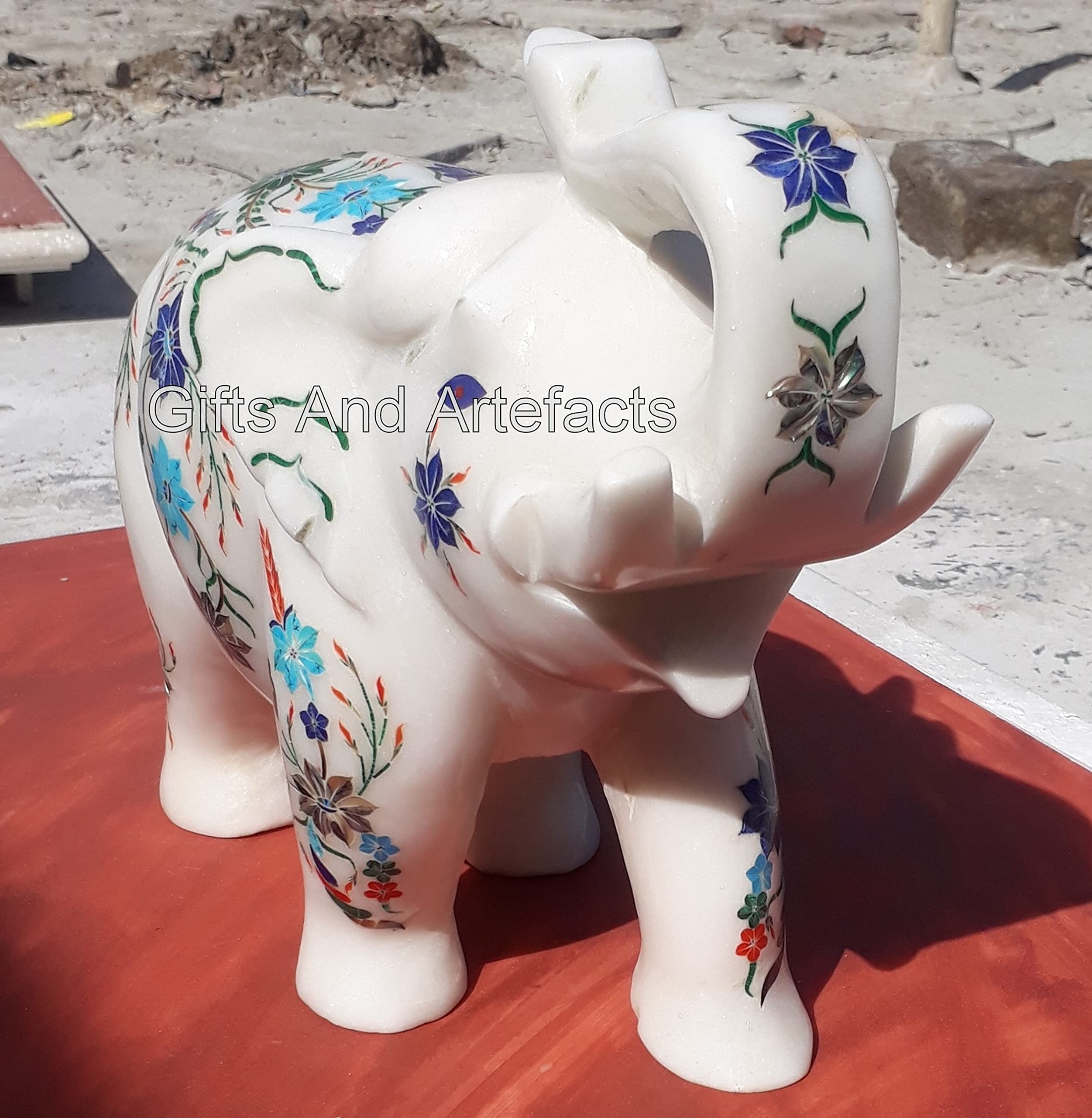 Estatua de elefante de piedras semipreciosas con incrustaciones de trabajo de mármol blanco de 8 pulgadas, escultura de elefante de buena suerte para regalo de inauguración de la casa