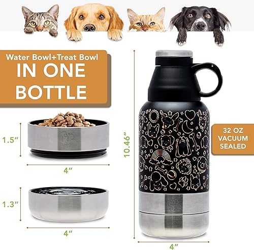 Miniatura 5 de Botella de agua de viaje para perros de 32 onzas con soporte para golosinas y cuencos desmontables  Dispensador de agua aislado y portátil de acero