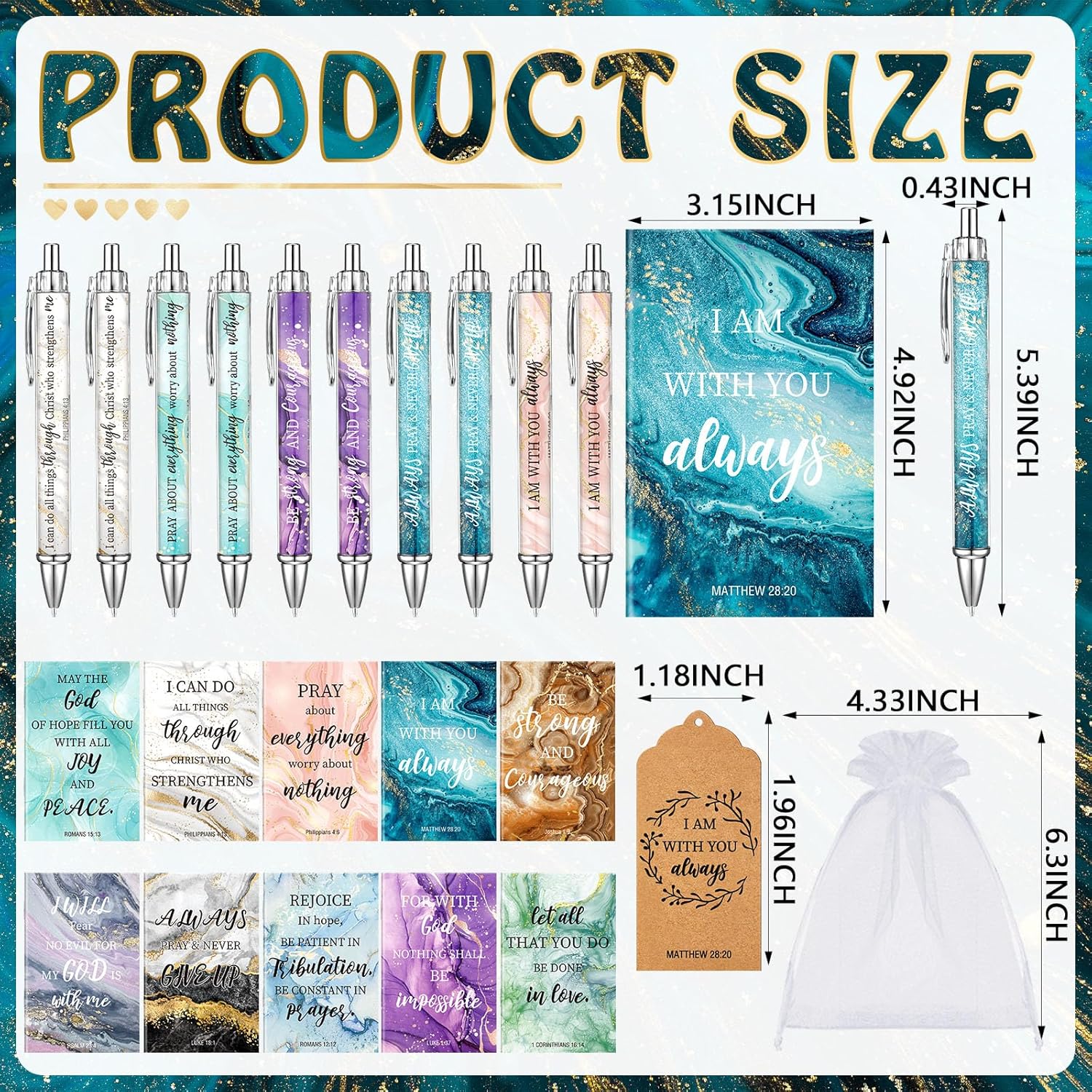 Qeeenar 200 Pcs Christian Gifts Bulk Sets Bible Verse Religious Ballpoint Pen and Notebook Gift Set with Thanks Tags Organza Bag Gift Bulk for Women Church Christian Party Favors(Elegant Color,Marble)