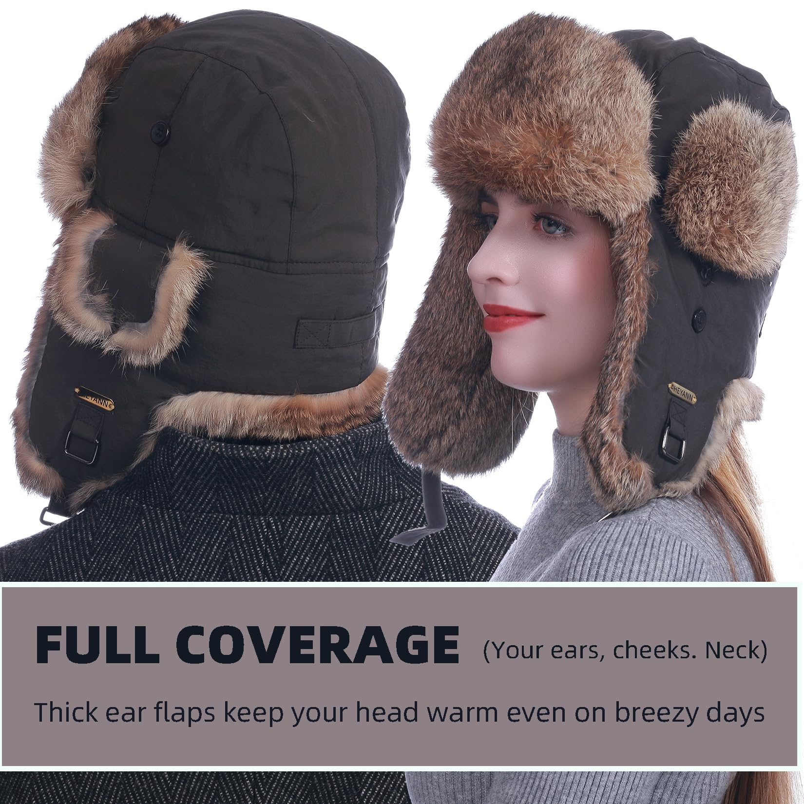 HEYANN Russian Hut Fliegermütze Herren, Kaninchenfell Ushanka Russenmütze Wintermütze Trappermütze Herren Fuzzy Winter Fellmütze mit Ohrenklappen Warme Russenmütze Mütze