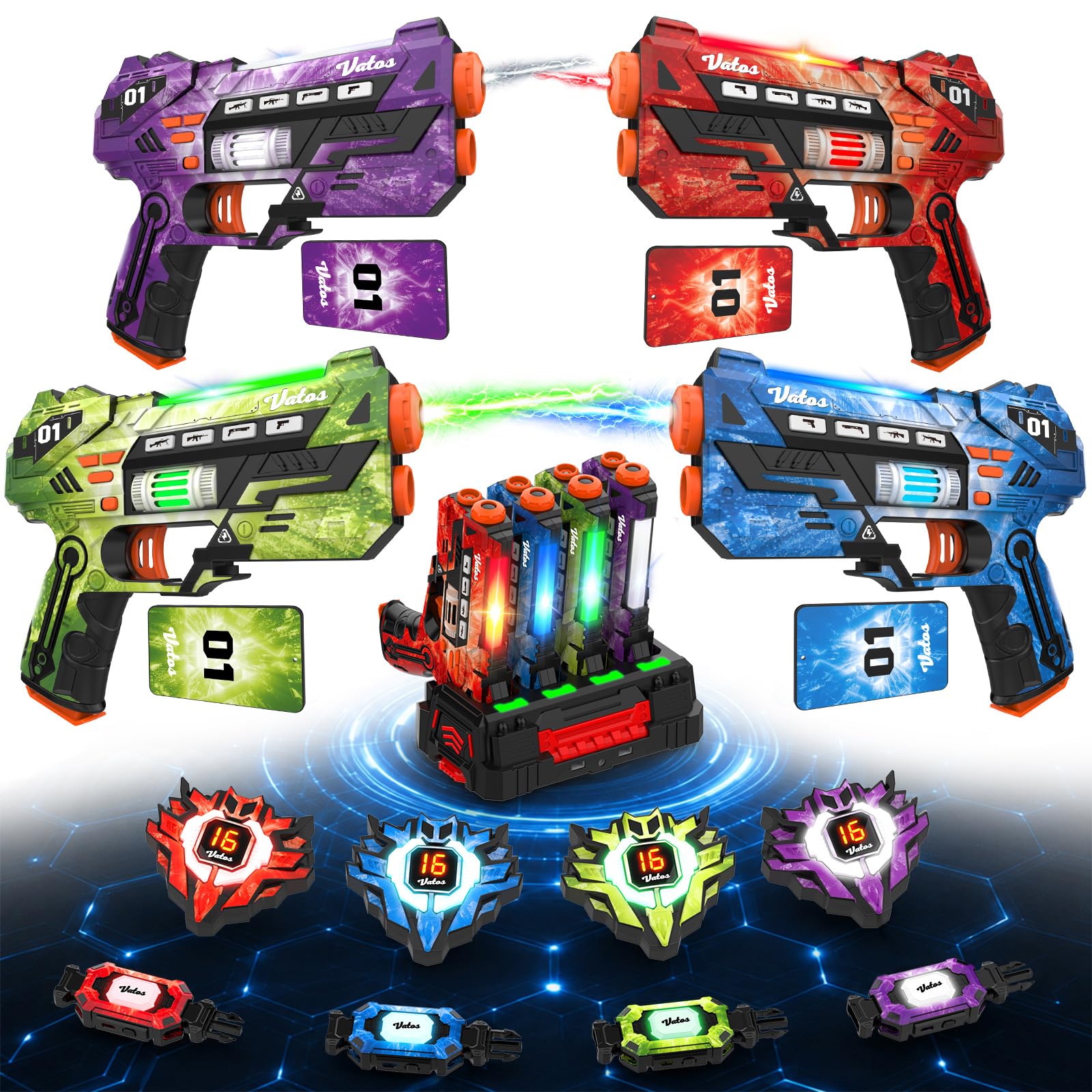 VATOS Set Laser Tag con Sensori 360°, Stazione di Ricarica e Carte Energia, 4 Pistole Laser Ricaricabili con Schermo LCD e Sincro 2,4 GHz, Gioco Laser per Interni/Esterni per Bambini e Famiglia