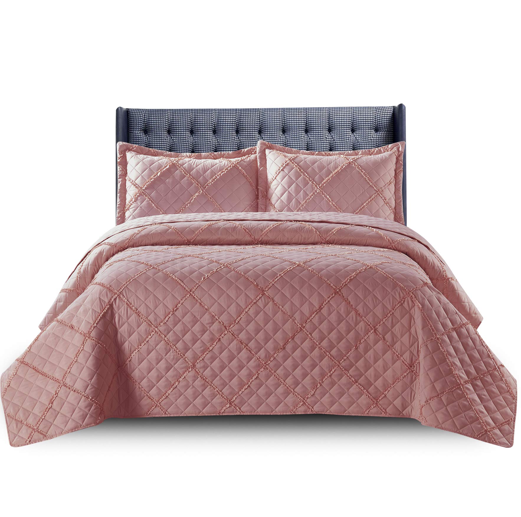 PHP Quilted Bedspread Bed Throws for Room Decor - Quilted Fabric Embossed Striped Pattern Ruffle Design Reversible Quilt Bedspreads Coverlets with Hypoallergenic Pillow Cover (Double, Ruffle Rose)