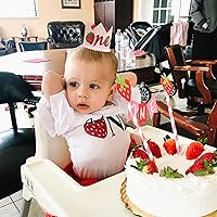 Vista 5 de Sombrero de corona de primer cumpleaños con temática de fresa, hecho a mano, rosa, accesorio perfecto para celebraciones