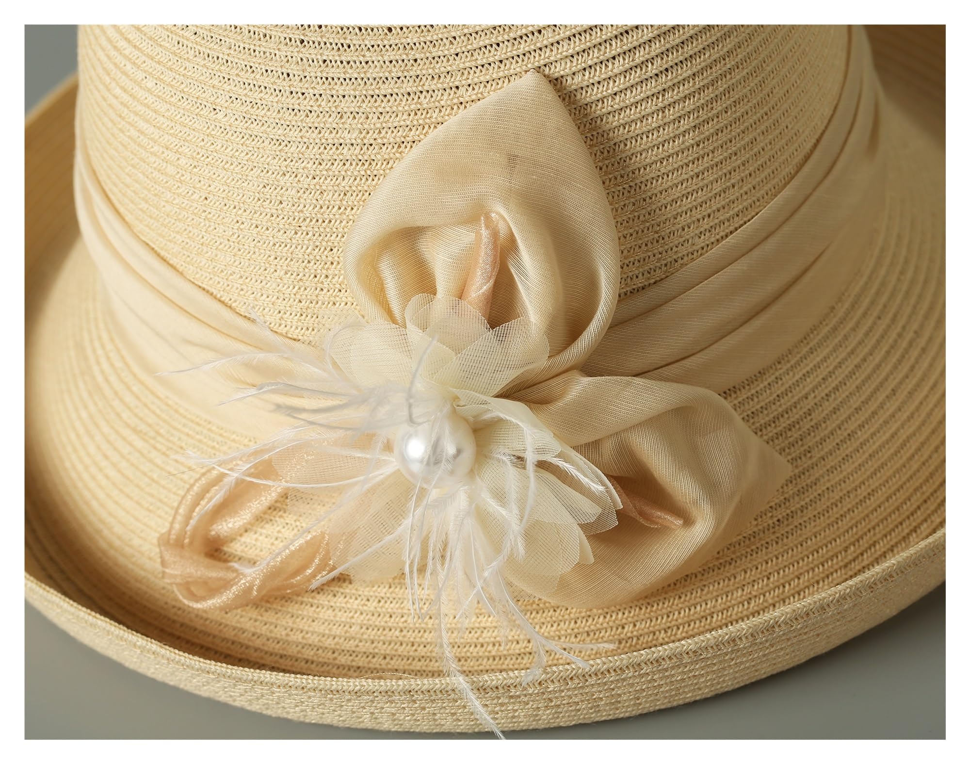 Generico Cappello da spiaggia for protezione solare intrecciato a mano for le vacanze, decorazione in seta e lino, visiera parasole con fiori di paglia