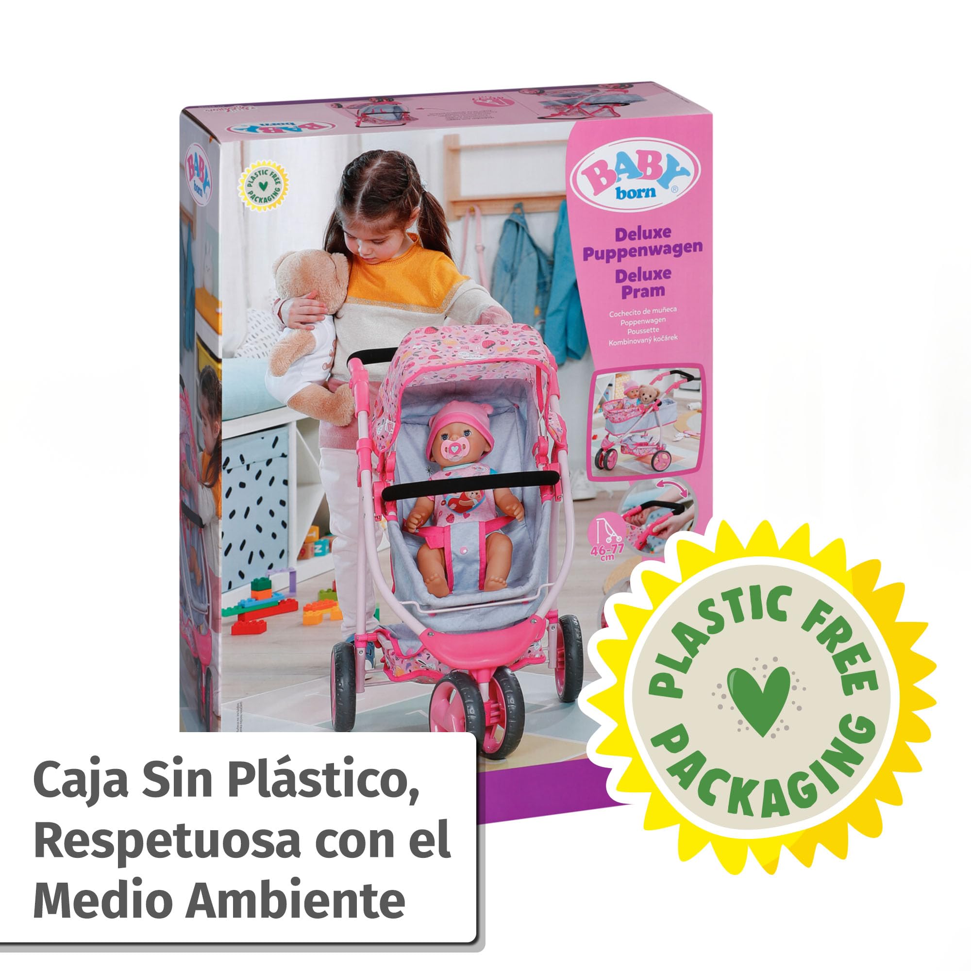 BABY born Cochecito Deluxe con asa Ajustable | Asa ajustable, respaldo reclinable, para muñecas de 43 cm