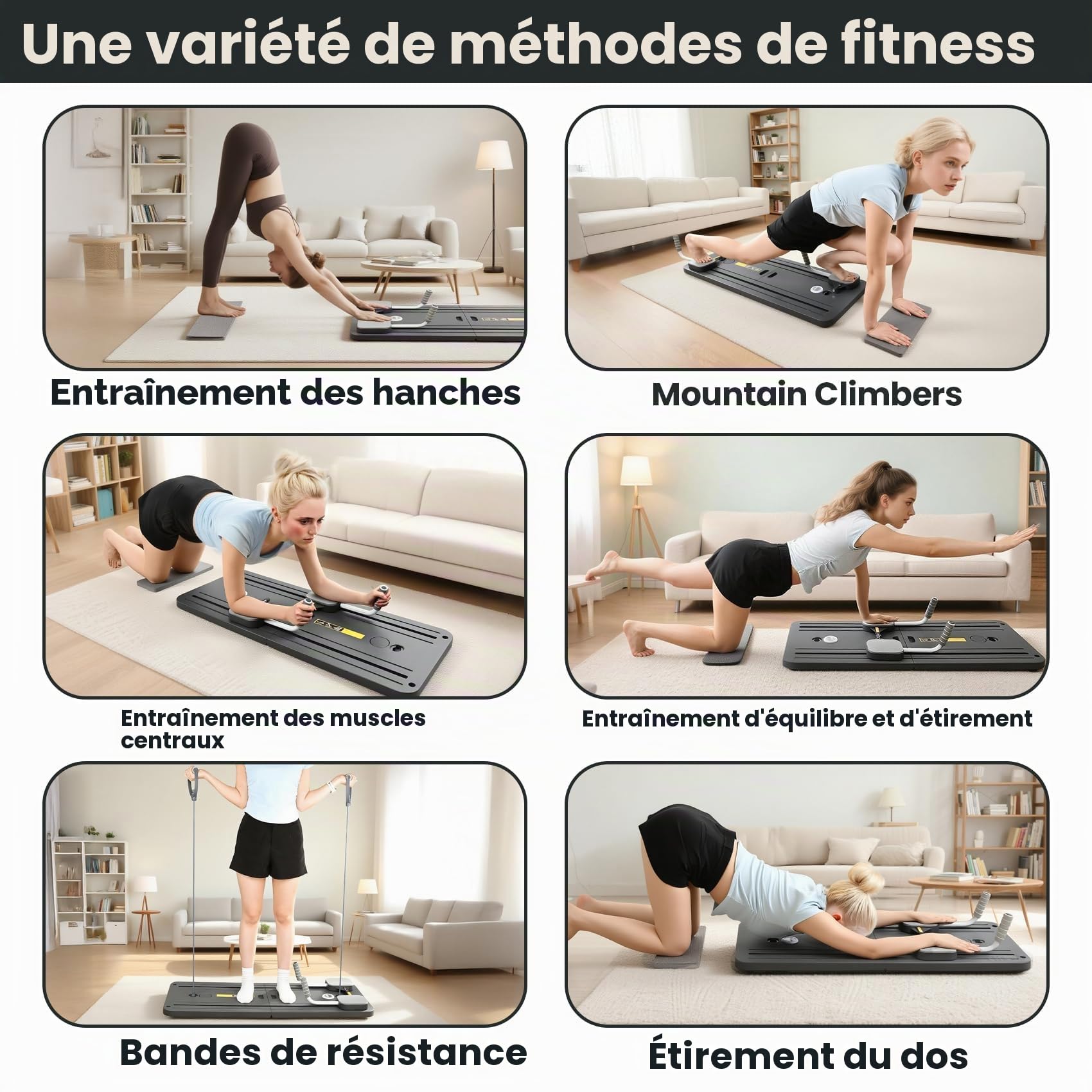 Pilates Reformer Compact, 5 en 1, pliable, avec compteur LED, rouleau à rebond automatique, planche abdominale multifonctionnelle pour la maison et la salle de sport (noir avec poignée)