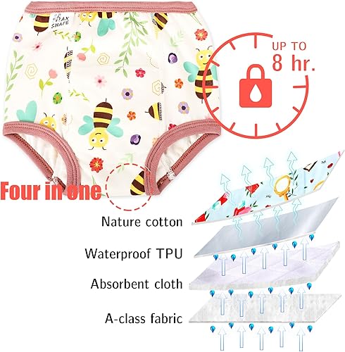 Miniatura 3 de Max Shape 4 paquetes de ropa interior de entrenamiento para niñas con capa absorbente de cena, pantalones de entrenamiento reutilizables para bebé,