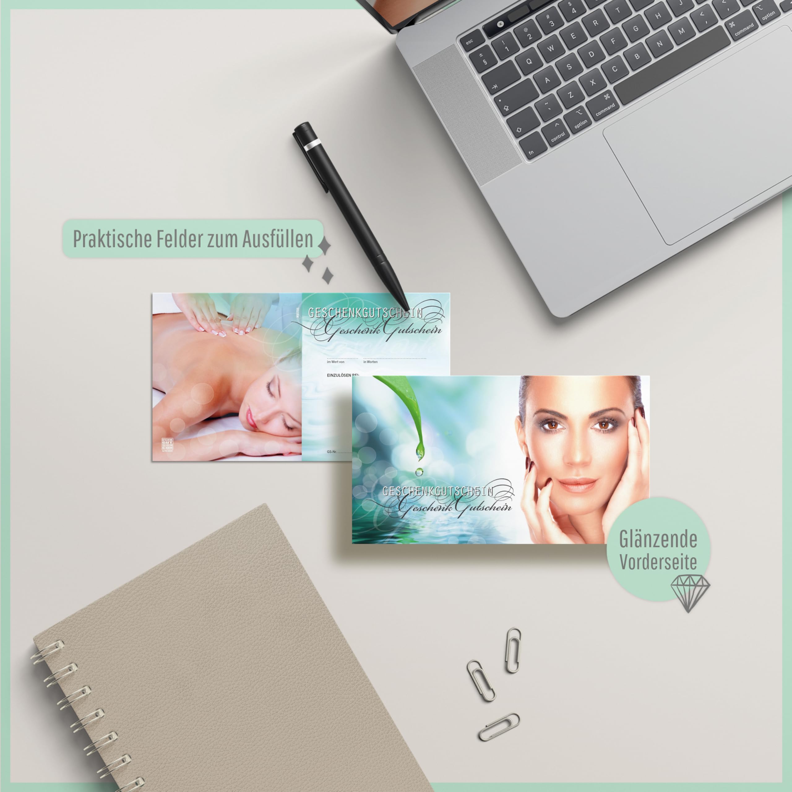 GESCHENKGUTSCHEINcom - 50 Gutscheine mit Umschlag/Schleife für Kosmetikinstitut Kosmetik Wellness - Geschenkgutschein-Vordruck blanko MA1706-2-50