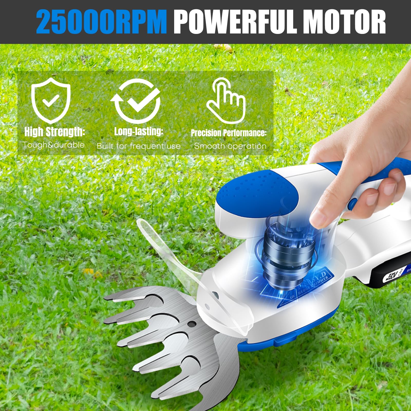Heckenschere Akku Grasschere 12V, 2 in 1 Gartenschere Rasenkantenschneider 25000RPM Heckenschere Elektrisch inkl. Akku&Ladegerät&2 Messer Aufsätze für Hecken Rasen