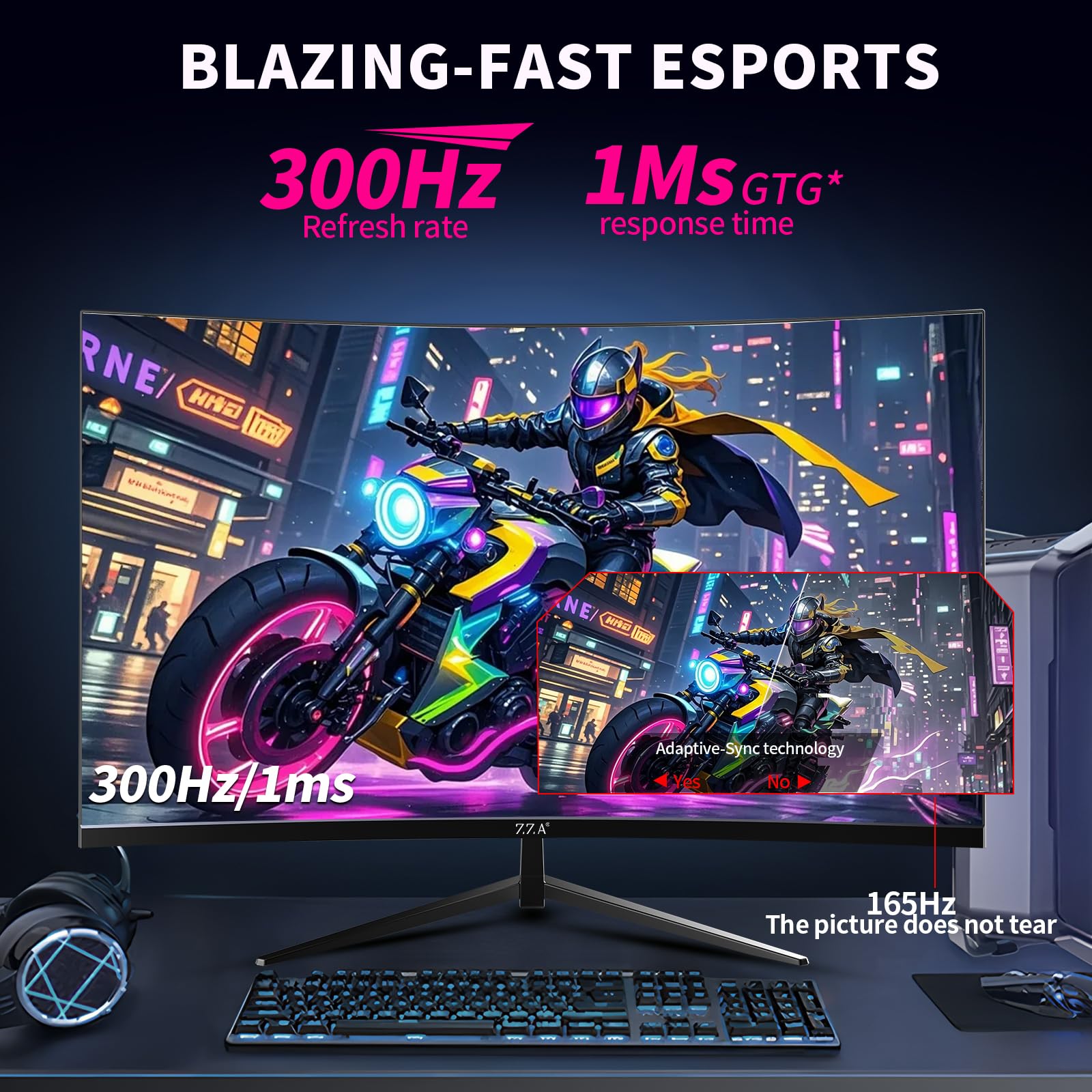 ZZA Monitor curvado para juegos de 32 pulgadas, QHD 2560 x 1440, frecuencia de actualización Ultra 300Hz y 240Hz, panel VA, 1500R, 1ms, HDR, AMD FreeSync Premium, compatible con NVIDIA G-SYNC