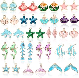 MARFOREVER 40Pcs/20 Pairs Ocean Charms for Jewelry Making, Beach Themed Sea Charms Assorted Enamel Ocean Animal Starfish Seashell Marine Charm Pendants for Necklace Earring Bracelet Crafting