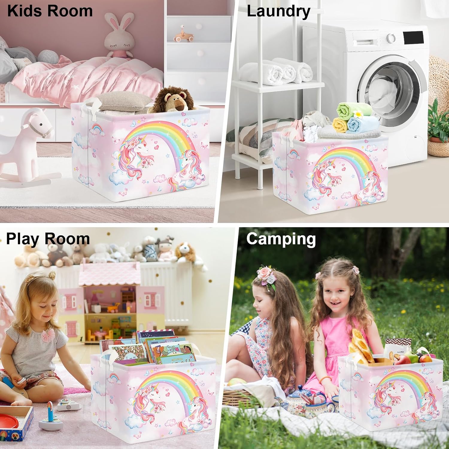 Clastyle Collapsible Large Rainbow Unicorn Baby Girl Basket Pink Flower Cloud Butterfly Book Shelf Basket with Handle Rectangle Toy Clothes Cube Storage Basket for Kids Room Nursery