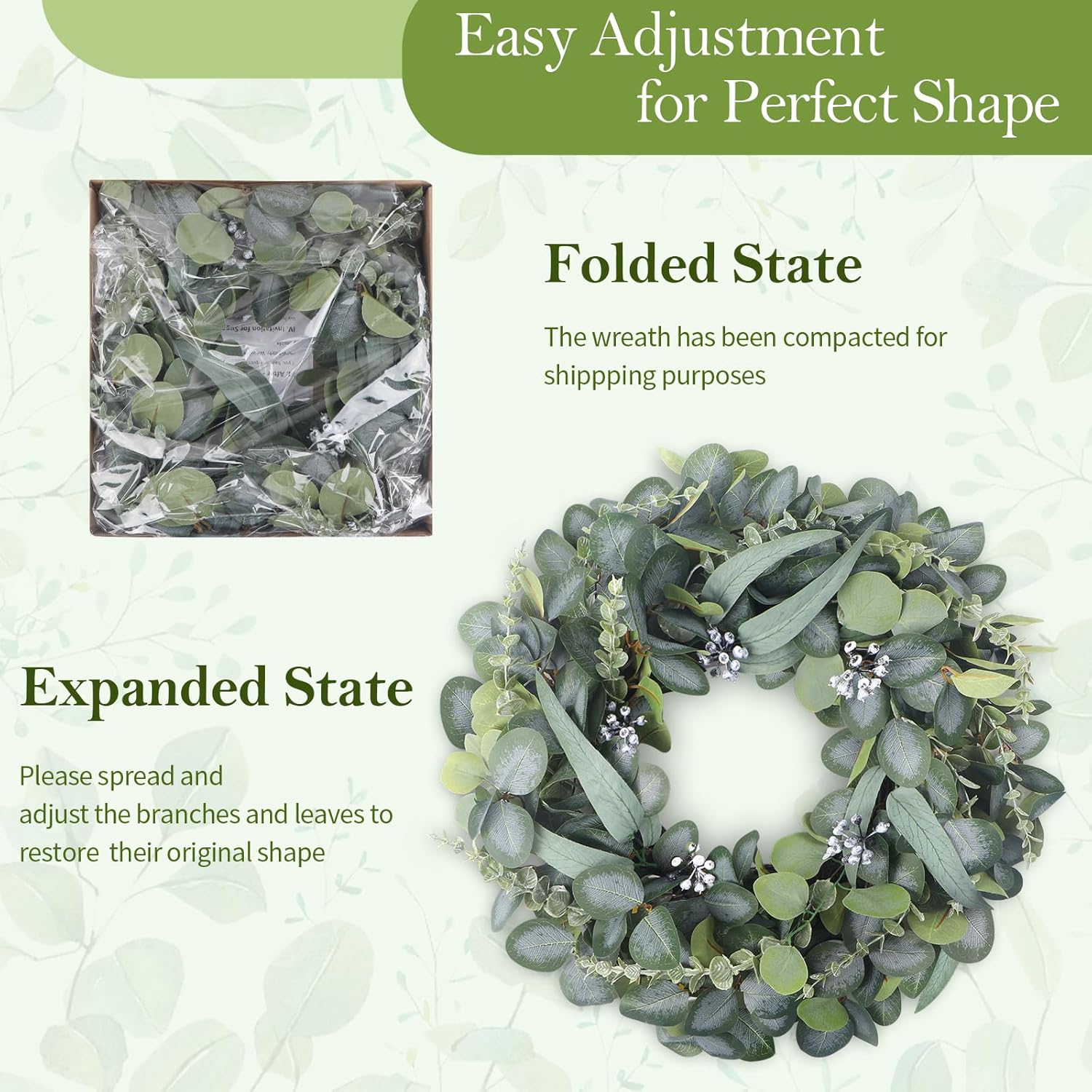 24" Eucalyptus Wreath for Front Door, Artificial Green Spring/Summer Wreaths with Willow Leaves and Berries for All Seasons, Farmhouse Wreath for Window, Fence, Porch, Wedding Decor