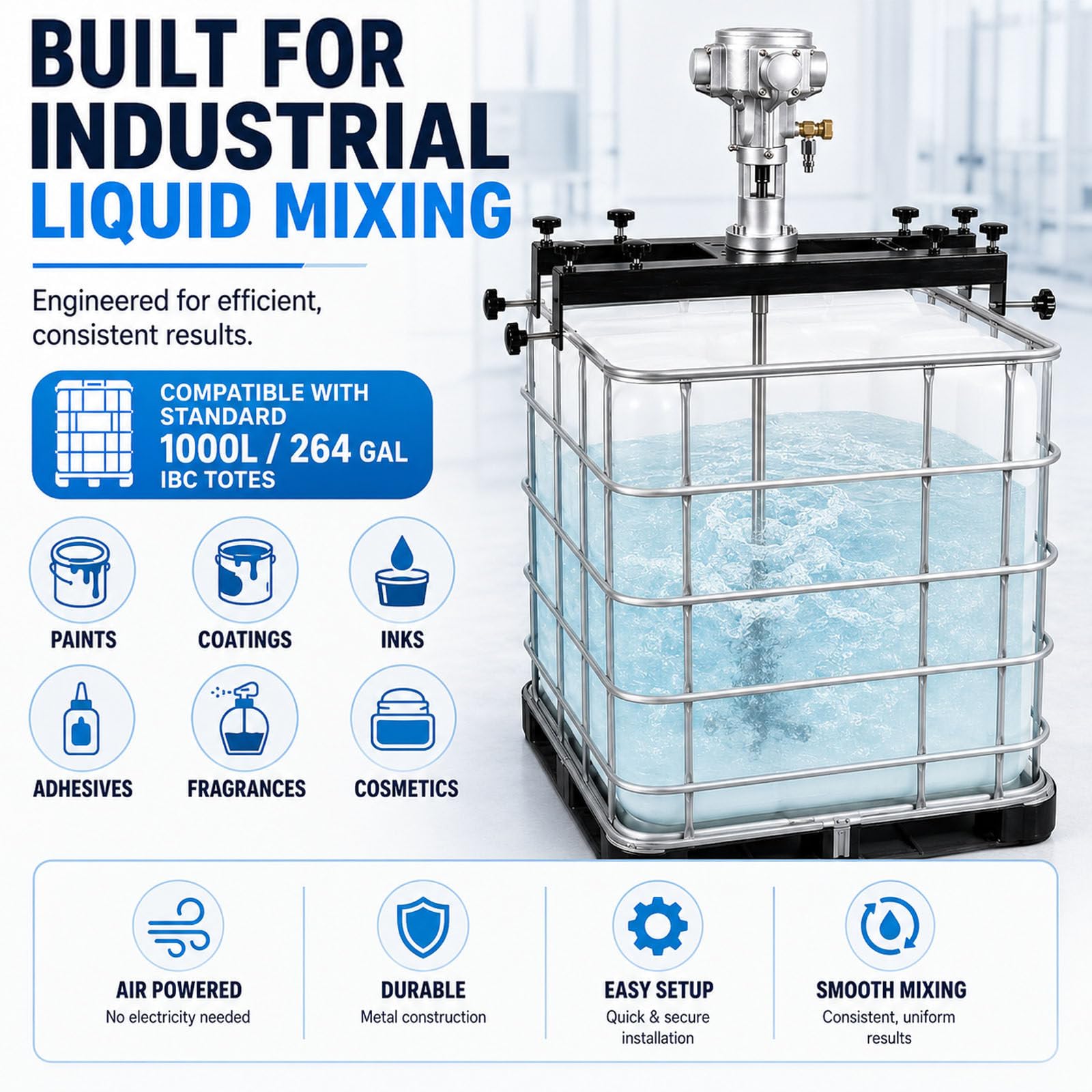Agitador Mezclador De Asas IBC, Mezcladora Neumática con Soporte para Large5Cylinders | Doble Hélice De 250 Mm (Plegable), Fijación Segura, Mezcla De Alto Rendimiento