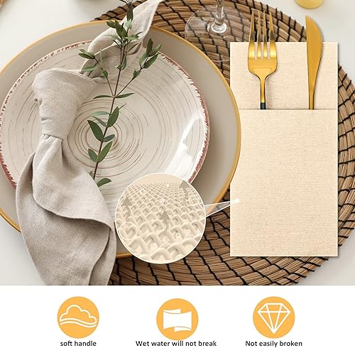 Miniatura 6 de Servilletas desechables de papel Airlaid con tacto de lino, servilletas de papel preplegadas con bolsillo integrado para cubiertos para cubiertos,