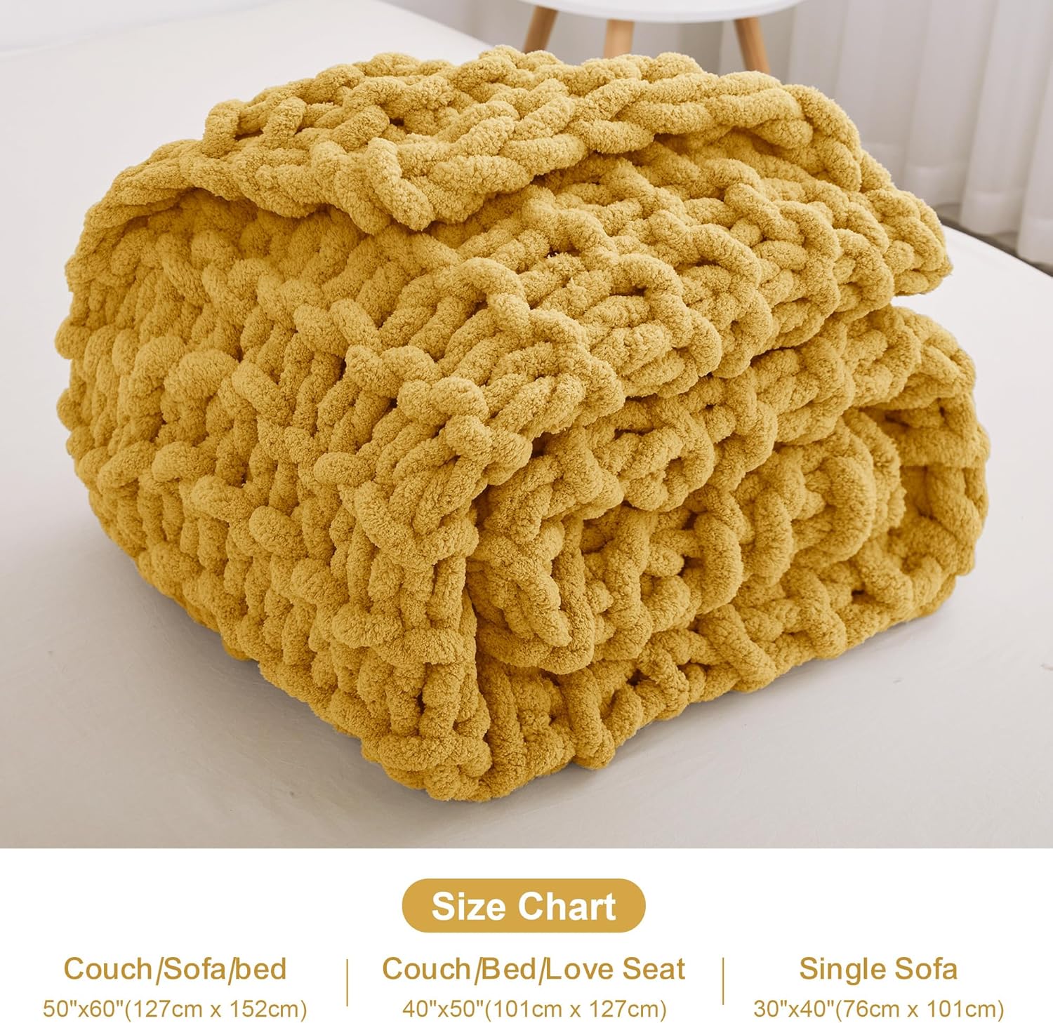 Knit Blanket 50"x60" Yellow Cream Soft Washable Chenille Throw Blanket Cozy 100% Handmade Crochet Blankets with Jumbo Chenille Yarn for Couch Bed Sofa Room Decor - Image 4