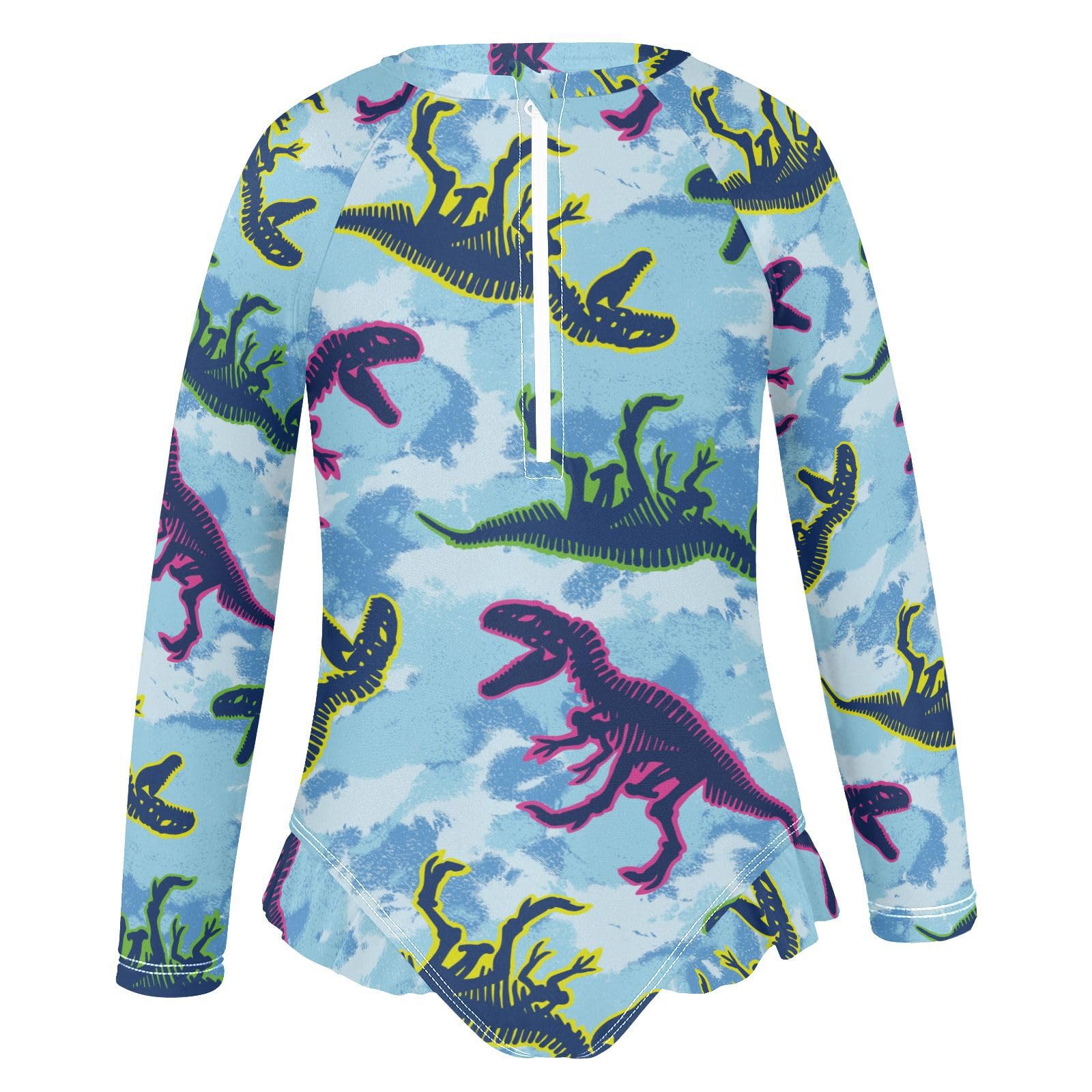 Ollabaky Girls Long Sleeve Swimsuit Colorful Dinosaur Camo One Piece Bathing Suit Rash Guard UPF50+ Toddler Girl Zipper Swimwear, 11-12T