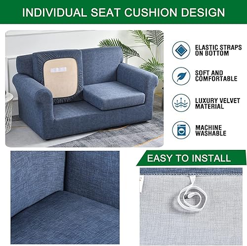 Miniatura 3 de CRFATOP Fundas de sofá de 3 piezas para sofás de 2 cojines, funda elástica para sofá biplaza con 2 fundas de cojín de asiento separadas, protector