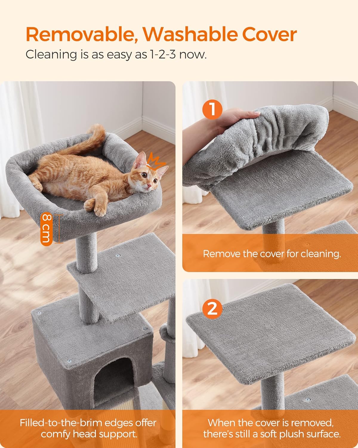 Instructions for removing and washing the top perch cover, with a cat resting on the perch and hands demonstrating cover removal.