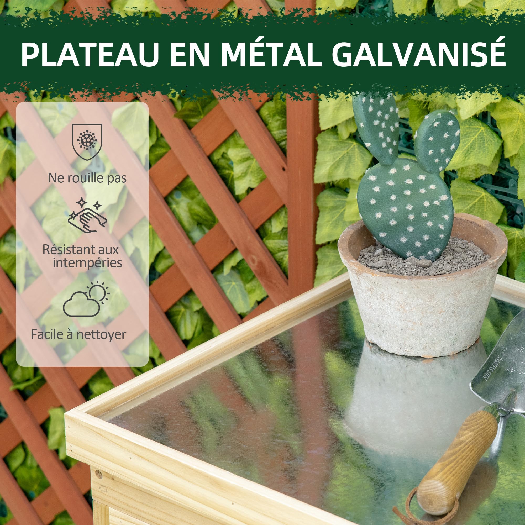 Outsunny Armoire de Jardin, Armoire de Rangement de Jardin, avec Plateau en métal galvanisé étagère Double Porte avec poignée Pieds surélevés en Bois Massif 80 x 45 x 92 cm Bois Naturel