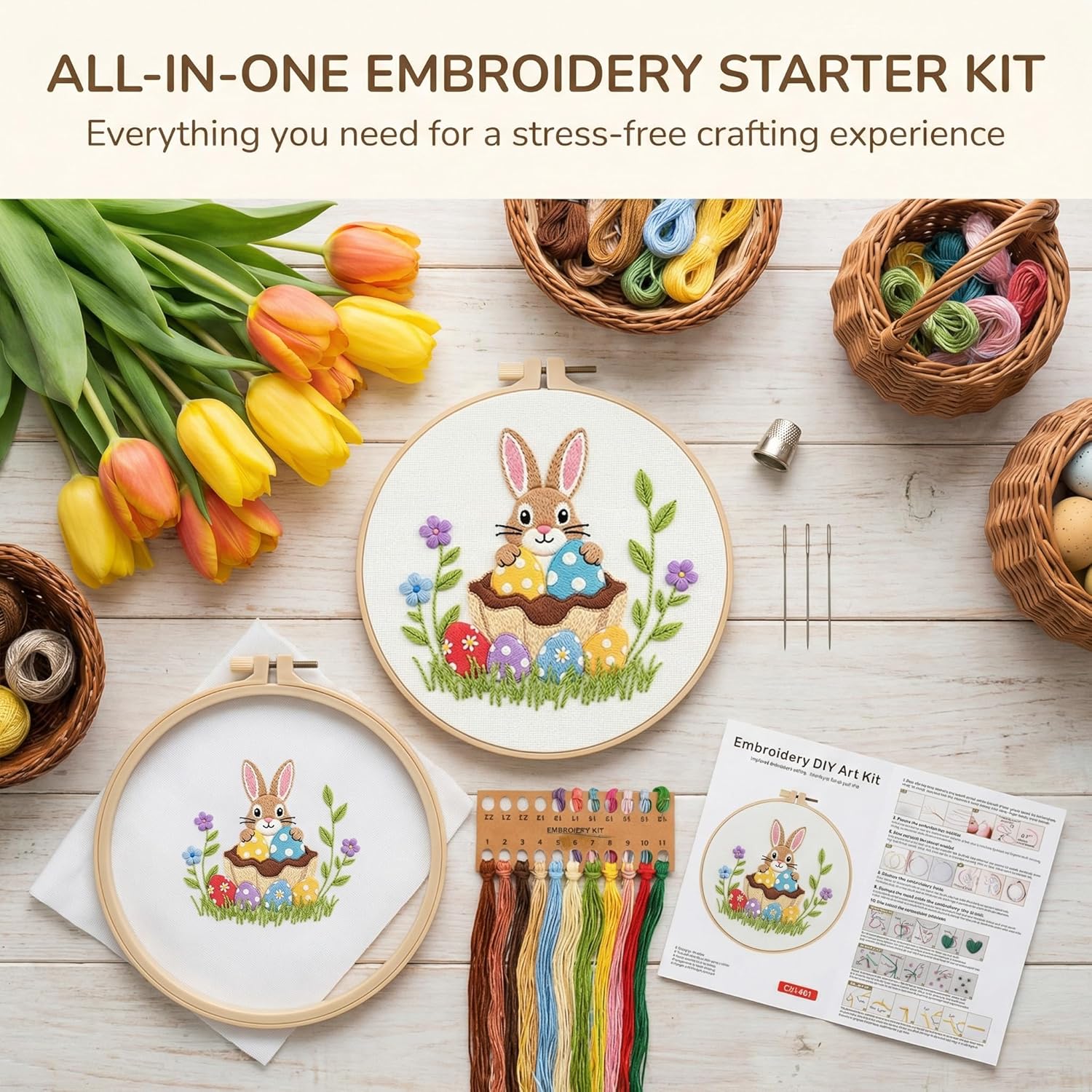 WaFtesh Embroidery Kits for Beginners Adult, DIY Hand Embroidery Cross Stitch Starter Set with Pattern, 3D Rabbit Needlepoint & Cross Stitch 7.9 Inch Hoop Threads, Needles, Instruction