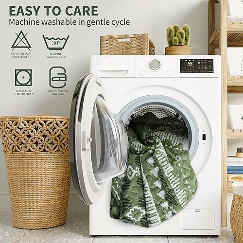 Miniatura 7 de TWINRUN Juego de ropa de cama bohemio tamaño Queen, edredón bohemio verde, colcha ligera tamaño Queen con estampado de rayas geométricas (90 x 98