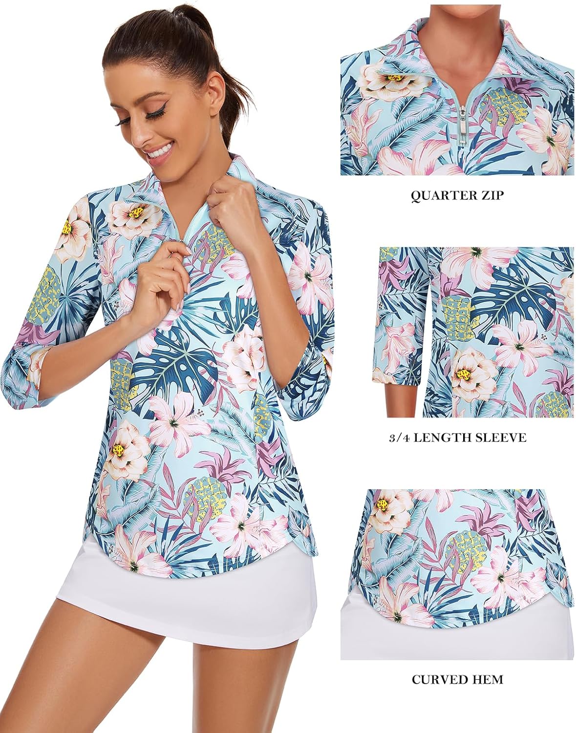 Tanst Sky Womens Golf Polo Shirts Zipper 3/4 Sleeve Moisture Wicking Tops UPF 50+ Workout Tennis Apparel - Image 3