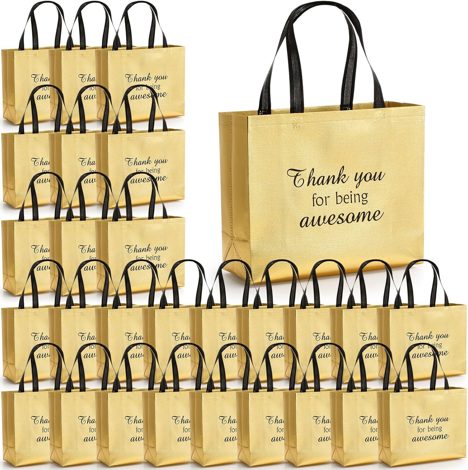Sweetude 24 Pcs Bulk Thank You Gift Bags with Handles Reusable Nonwoven Gold Wedding Return Foldable Bags Thanks You Totes for Birthday Baby Show Graduations Party Favors, 12. 6 x 10. 6 x 4. 7 Inch