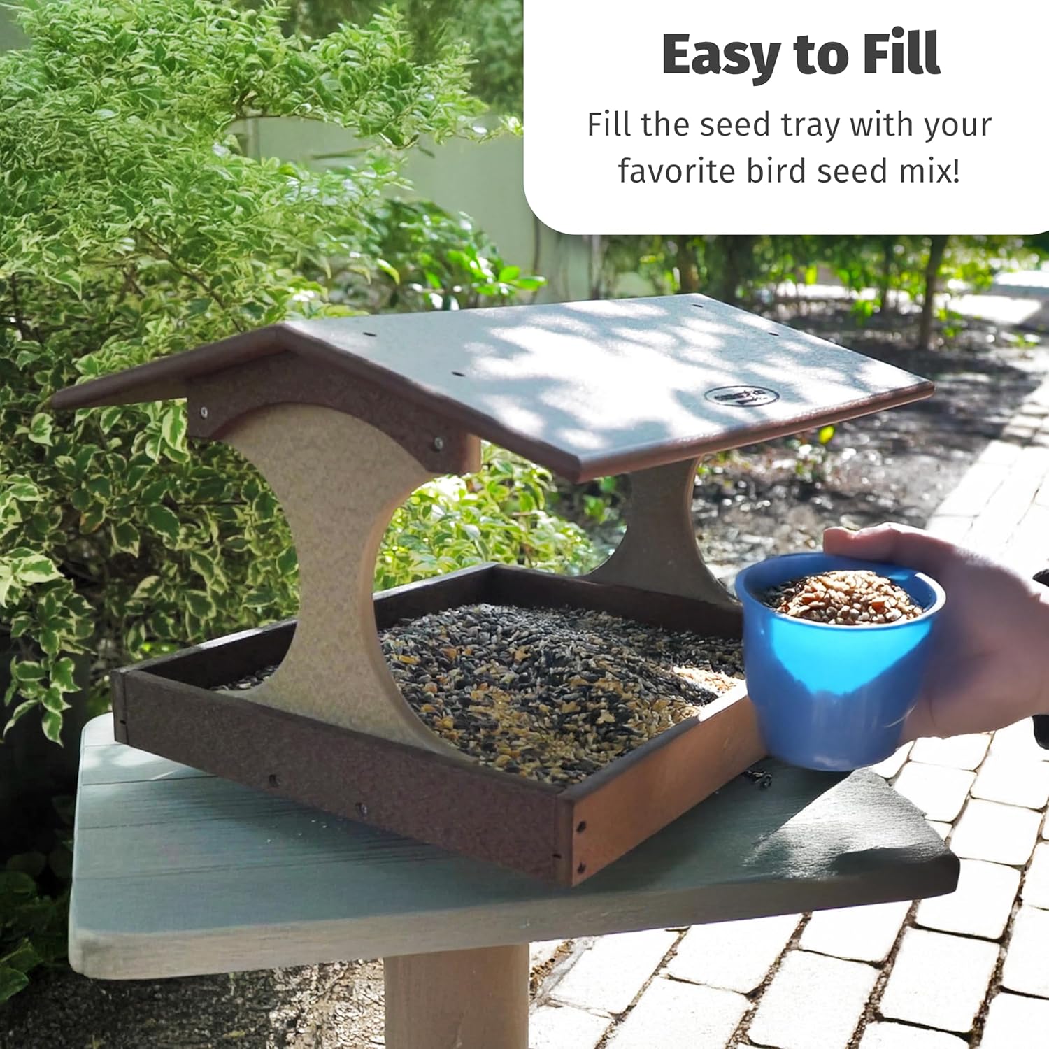 DutchCrafters Amish USA Made Poly Extra Large Fly Through Bird Feeder Post Mount for 4" x 4", Covered Bird Feeder Open Platform Seed Tray for Outdoor, Outside, Garden, Yard (Tudor Brown & Weatherwood)