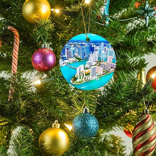 Miniatura 5 de America Miami Cityscape - Adorno de Navidad de cerámica con dos caras impreso, 3 pulgadas, divertido círculo de cerámica de Navidad para Año Nuevo,