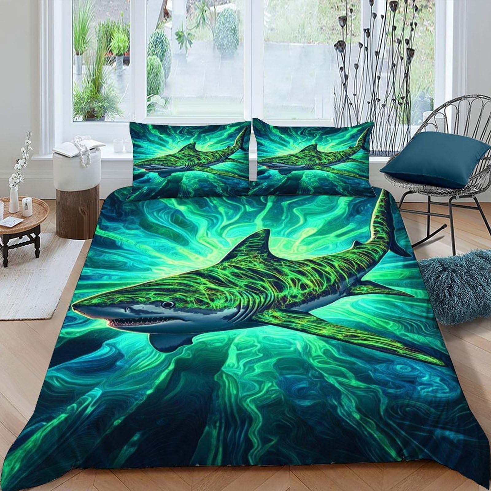 Housse de couette requin 220x240 parure lit 3 pièces microfibre adulte king