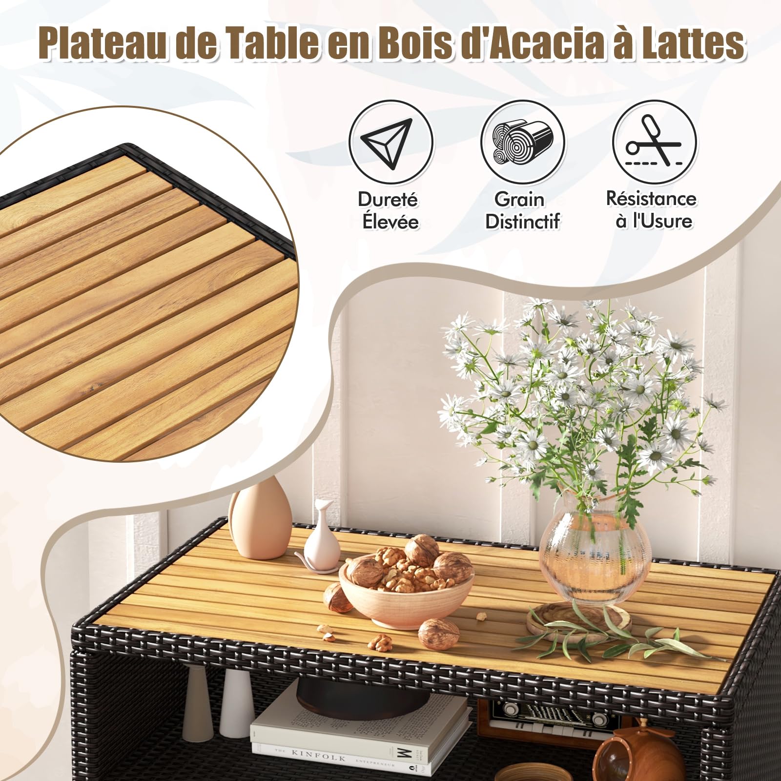 GYMAX Armoire Buffet Extérieur en Rotin, Meuble Rangement Étanche, Grand Plateau 90x53cm en Bois d'Acacia, pour Balcon Barbecue Cuisine Jardin (Brun)