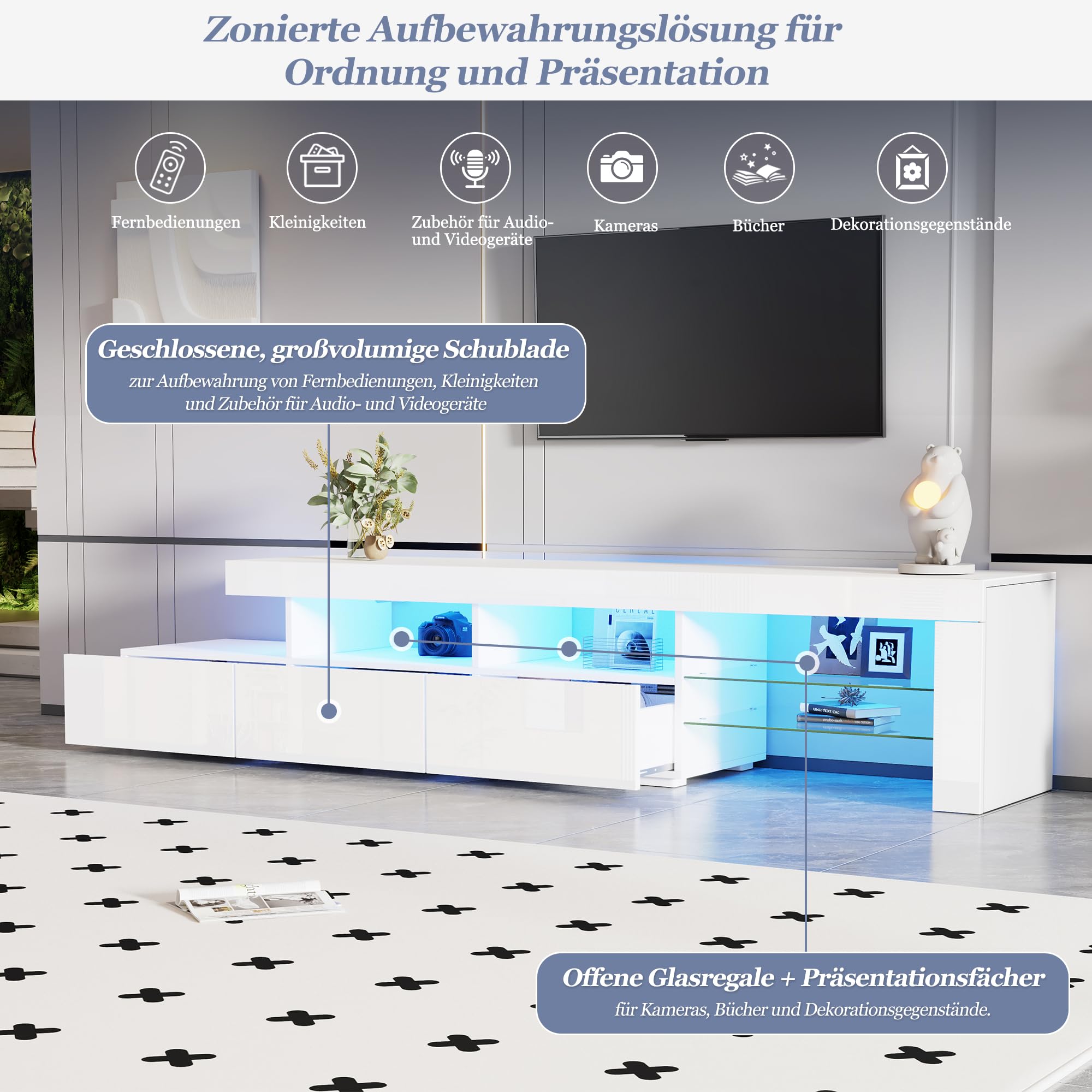 Meuble TV 180 cm Blanc Laqué avec Éclairage LED Piloté par App, Banc TV Moderne pour Téléviseurs jusqu'à 75 Pouces, 3 Tiroirs Push-to-Open et 7 Compartiments de Rangement pour Salon et Chambre