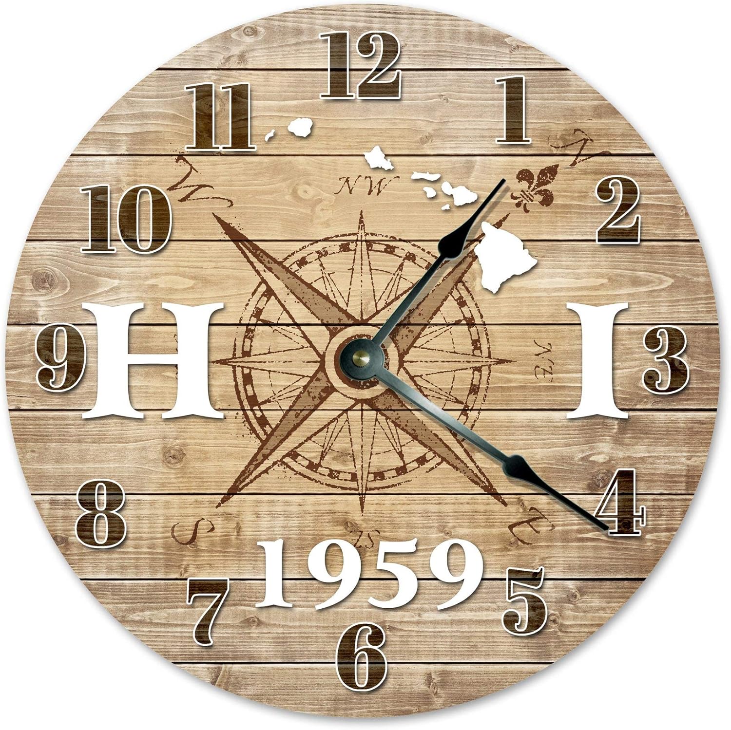 Hawaii Established Silent Non Ticking Round Battery Operated Handmade Hanging Large 10 Inch Wall Clock for Bedroom Office Cottage Decoration